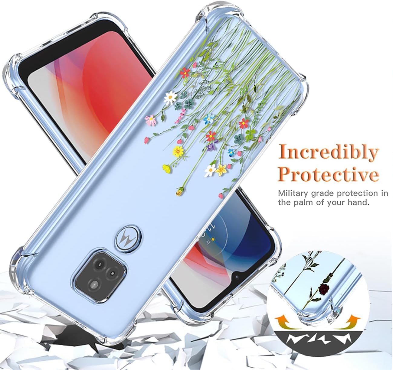 Funda para Moto G Play 2021Motorola G Play XT2093 con protector de pantalla, funda transparente con patrones de jardín de flores, funda protectora