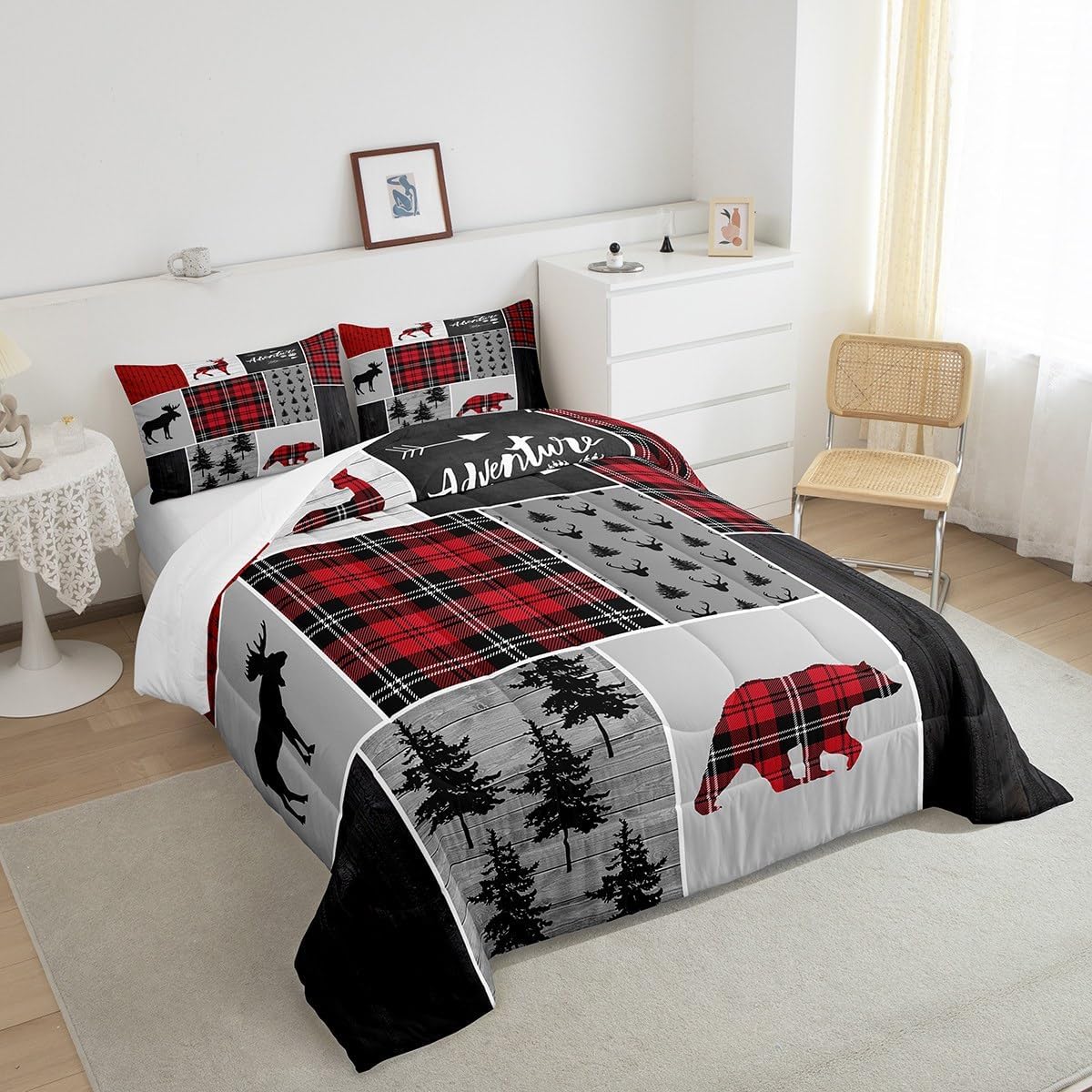 Juego de edredón de oso de ciervo y cuernos para niños, tamaño matrimonial, juego de ropa de cama de retazos con flechas bohemias para niños, niñas