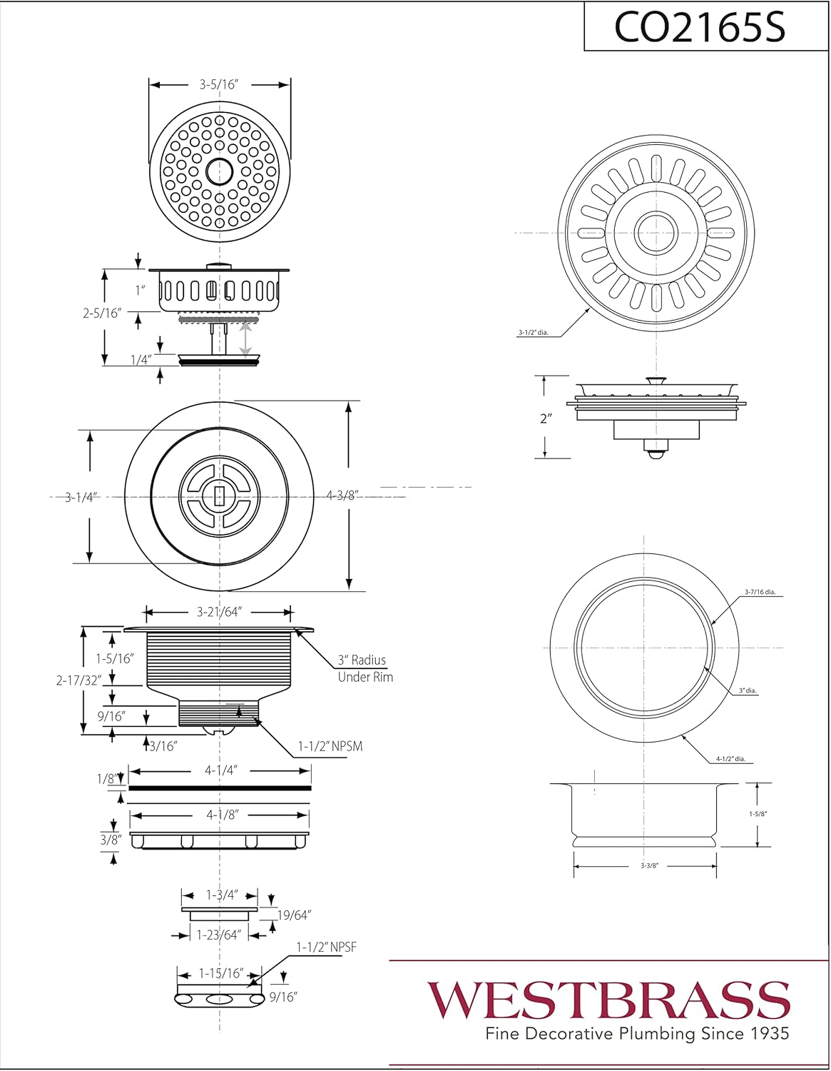 Westbrass CO2165S-12 Paquete combinado de 3-12 pulgadas, estilo poste, brida de drenaje grande para fregadero de cocina con colador de cesta, 1