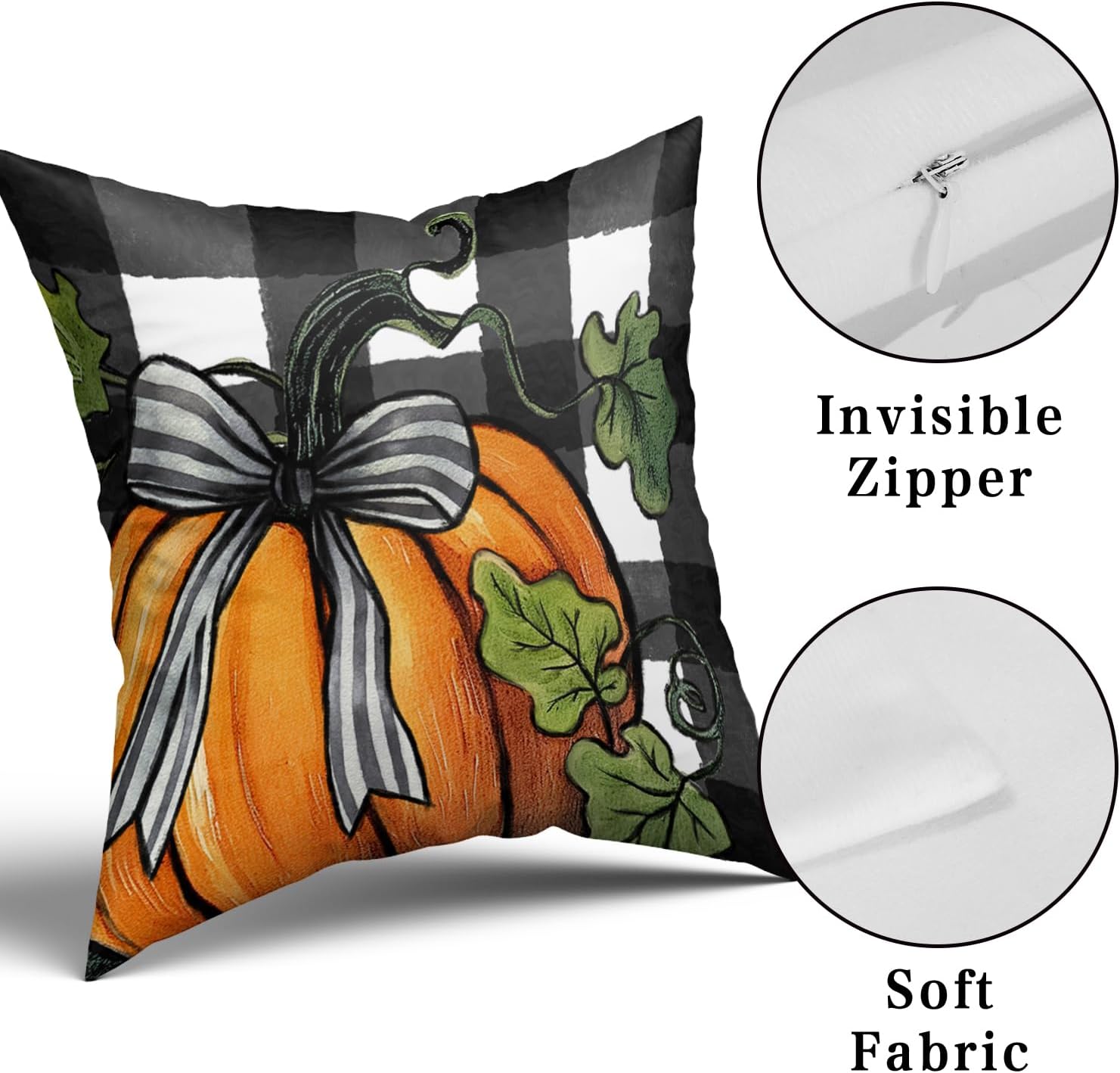 Juego de 2 fundas de almohada de otoño de 16 x 16 pulgadas, fundas de almohada decorativas de calabaza a cuadros negros y blancos, fundas de