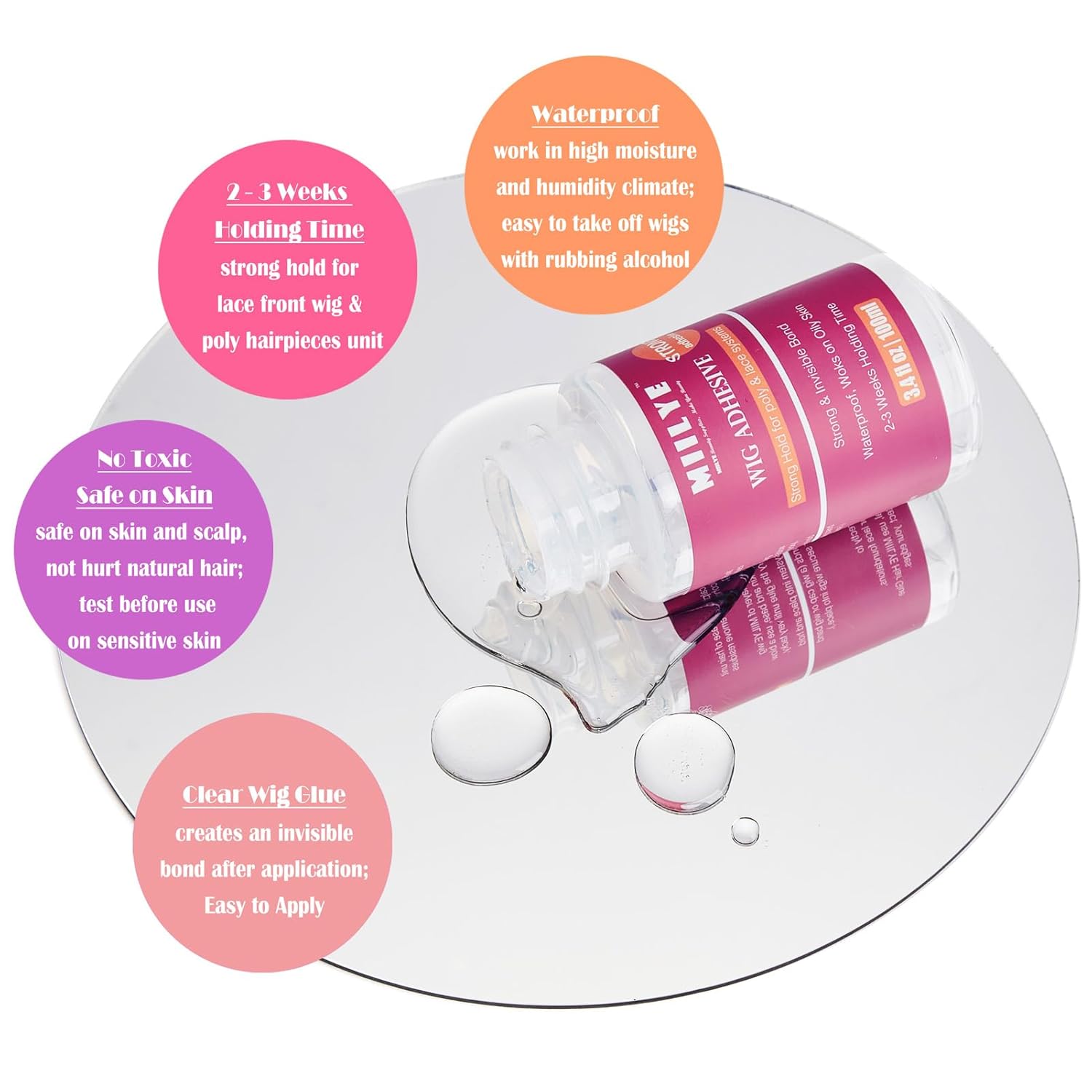 MIILYE Paquete de pegamento transparente para peluca, 3.4 fl oz3.4 oz resistente al agua  Pegamento invisible para unión de cabello tipo tupé,