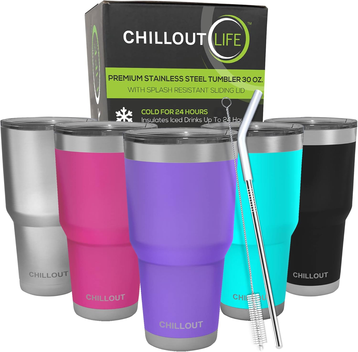 CHILLOUT LIFE – Vaso de acero inoxidable de 30onzas con tapa a prueba de salpicaduras y pajilla, diseño de viaje grande con aislamiento al vacío de