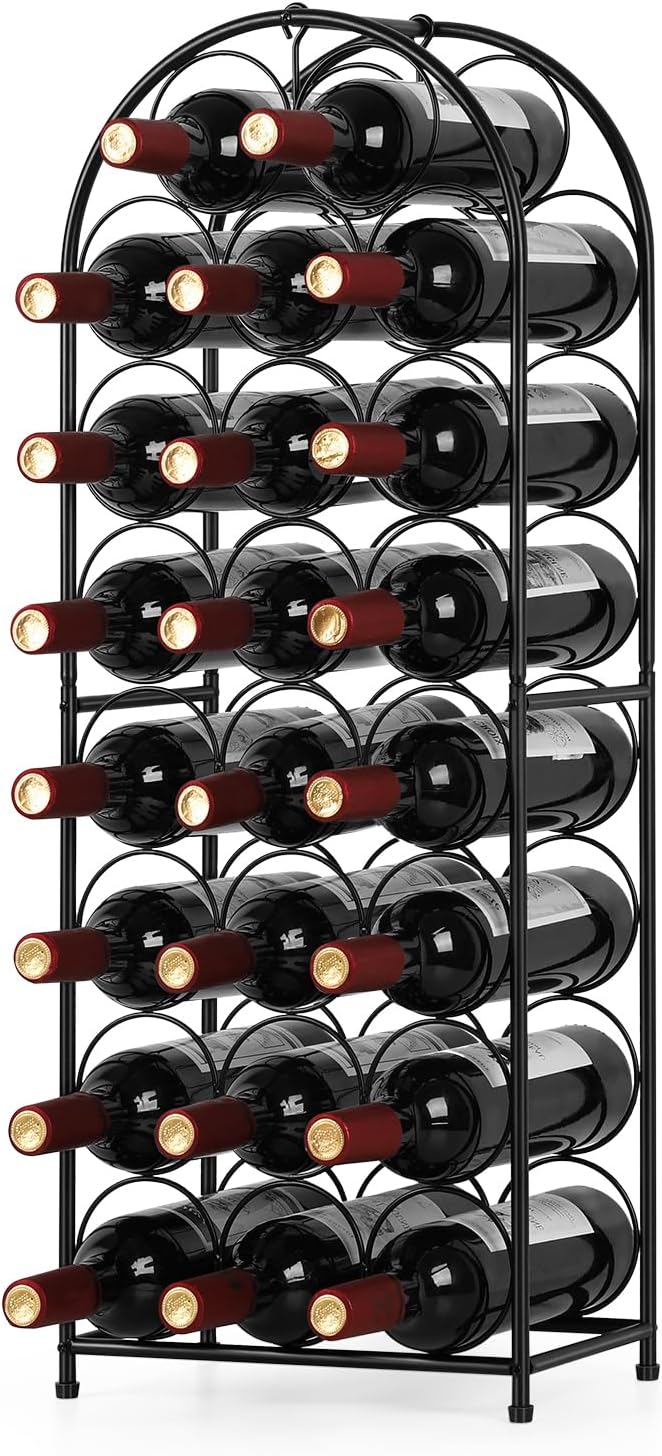 ETELI Botellero de metal independiente para 23 botellas con mango de hierro, elegante y funcional, mantiene tu soporte de bodega de vino estilo