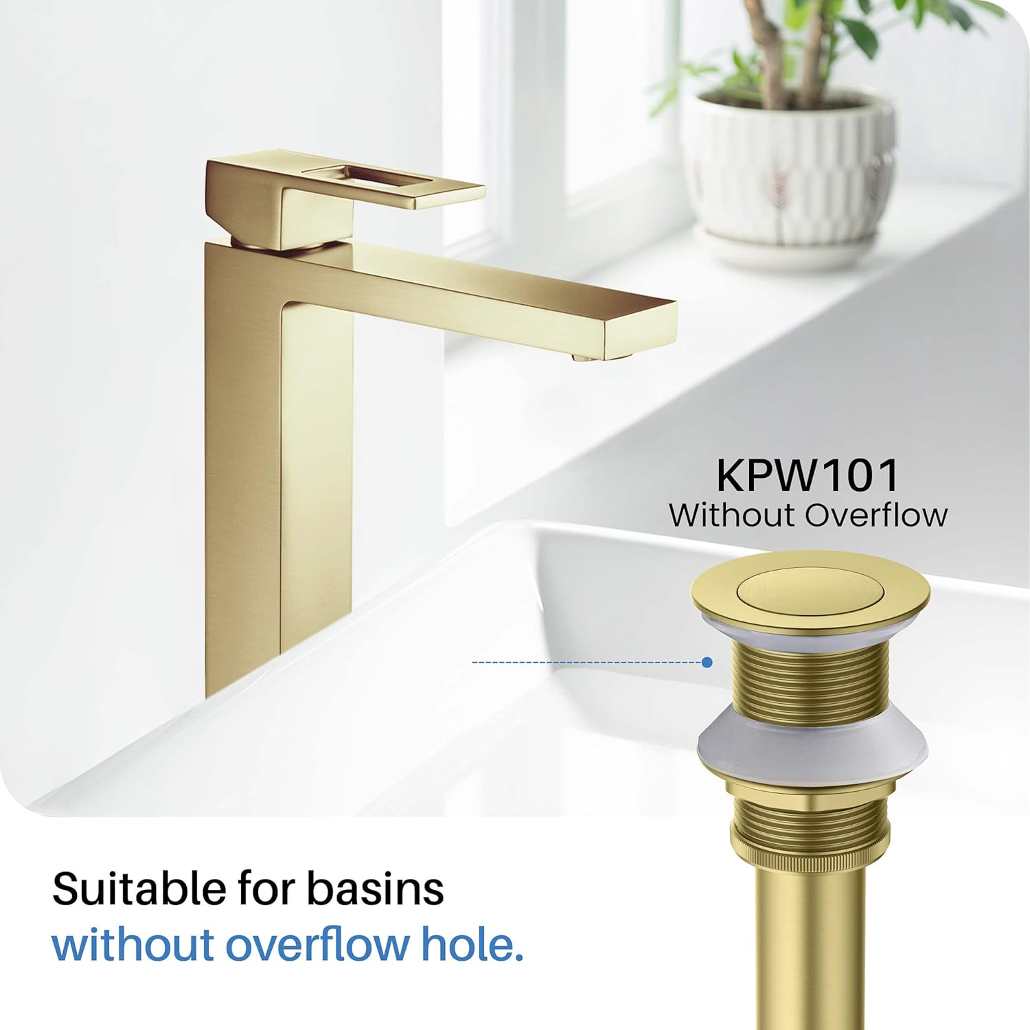 KIBI Grifo de recipiente de una sola manija para lavabo de baño  Caño de latón macizo de arco alto (oro cepillado) (KBF1005) (drenaje desplegable