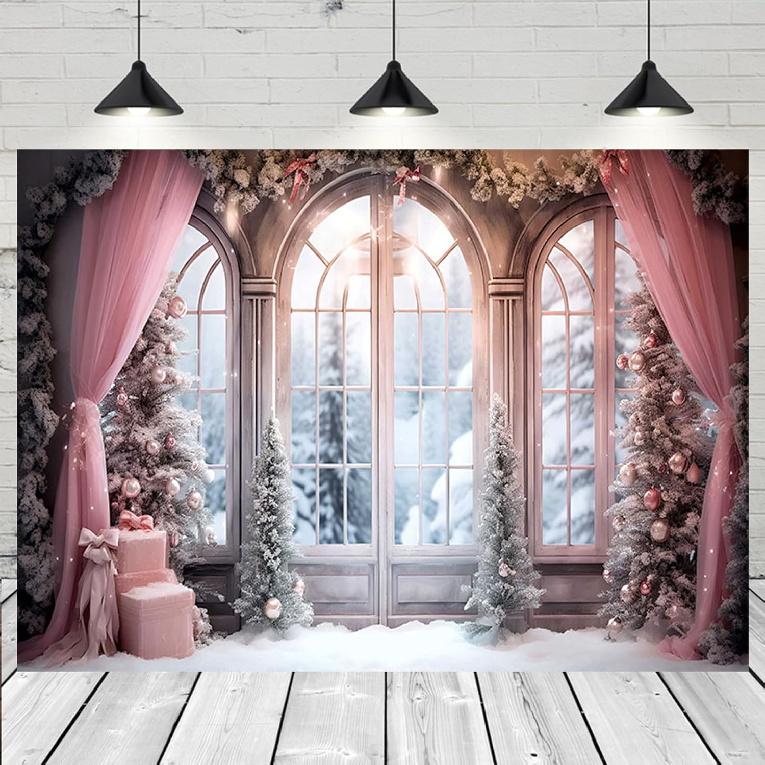 Cortina rosa de invierno, fondo fotográfico de Navidad, invierno, nieve, bosque, ventana, fondo de fotografía, decoración de fiesta familiar, baby