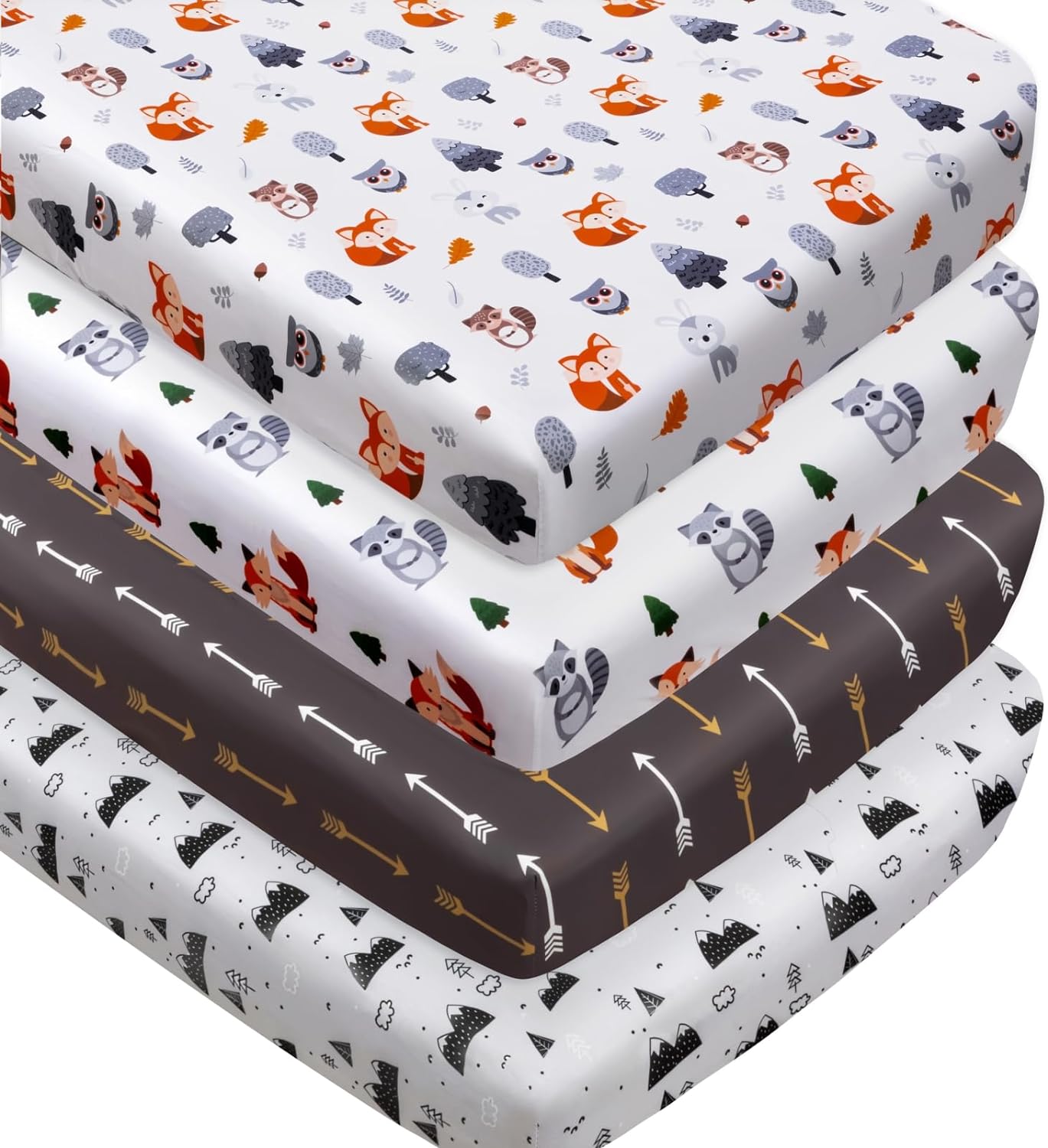 Juego de 4 sábanas ajustables unisex para cuna de bebé, diseño de animales del bosque del bosque, de madera, neutro, para bebés, niños o niñas, zorro