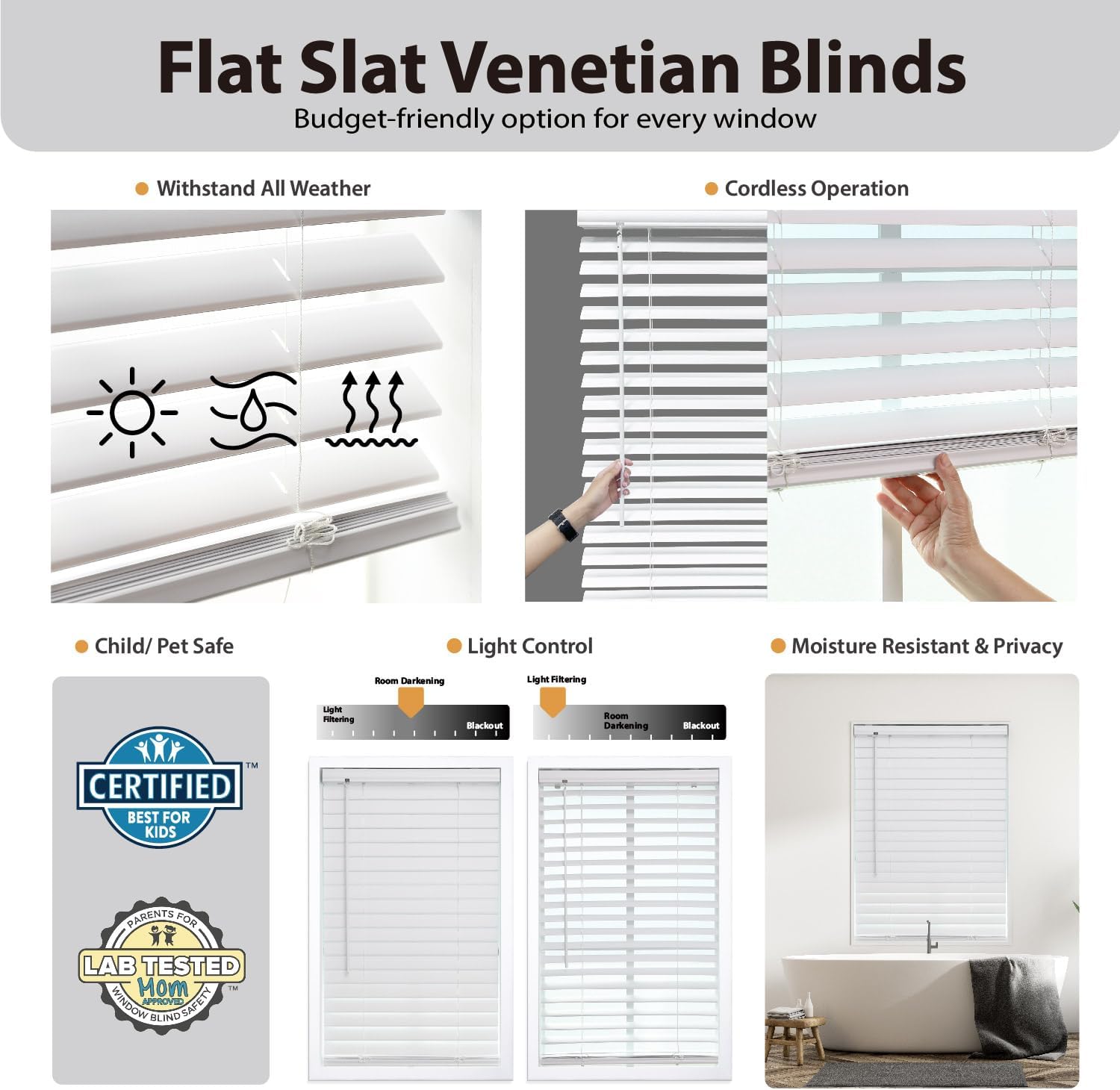 DEZ FURNISHINGS Persiana veneciana de listones planos sin cordón de 2 pulgadas, 58.5 pulgadas de ancho x 48 pulgadas de alto, blanco