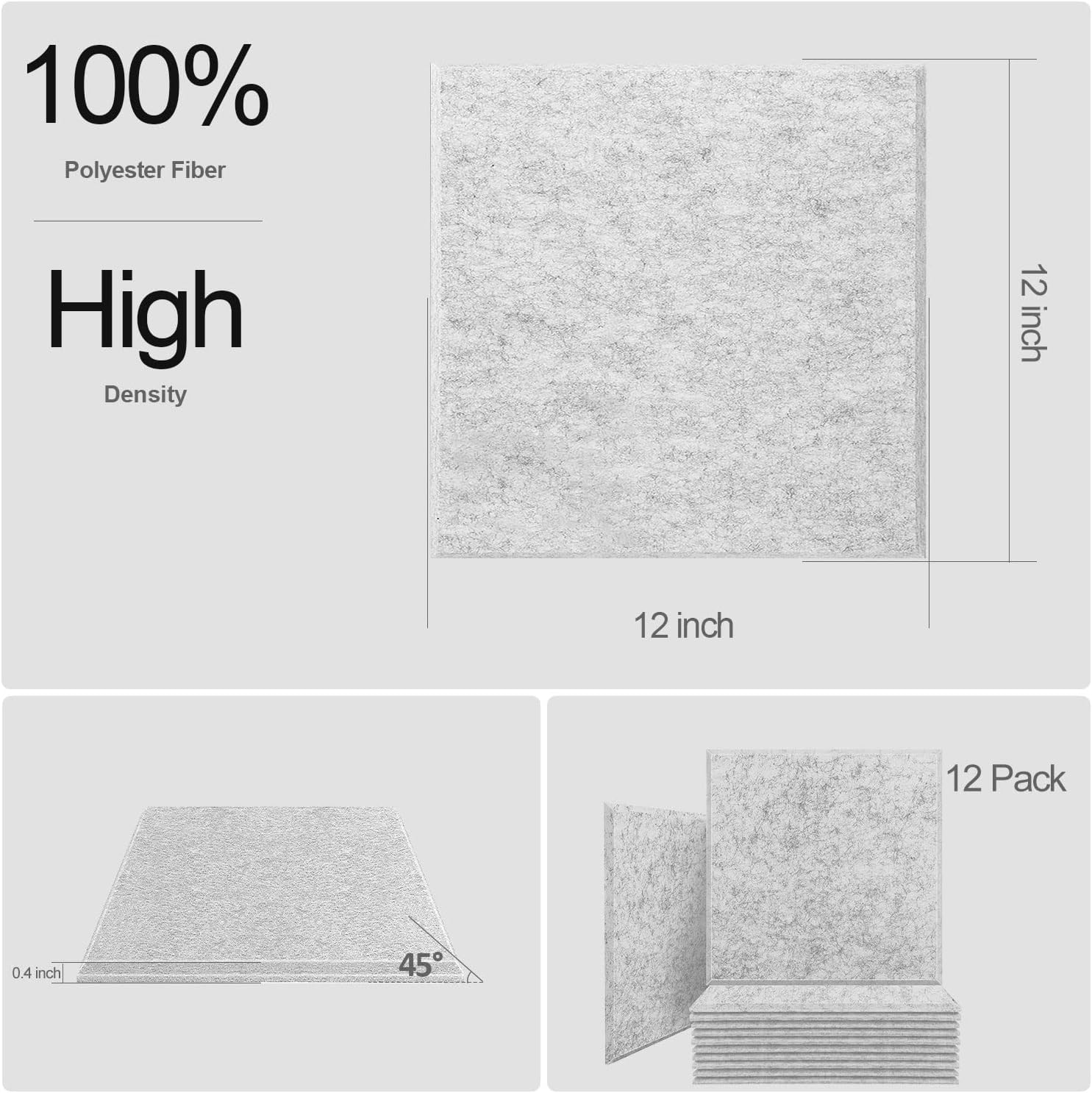 JBER Paneles de espuma acústica profesional, panel de absorción insonorizante, acolchado a prueba de sonido, 12 x 12 x 0.4 pulgadas, azulejos de