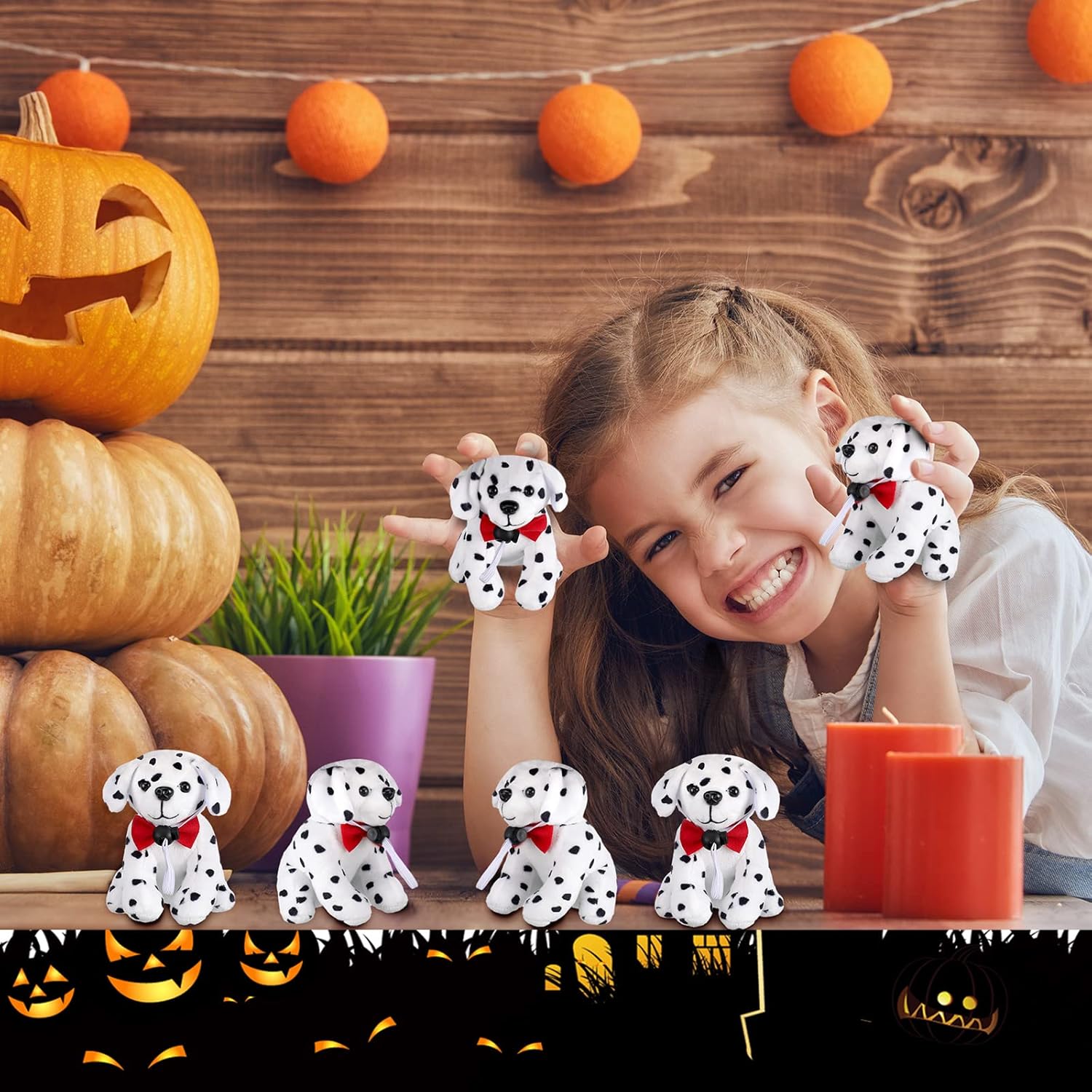 Kathfly 4 piezas de peluche de Halloween para perro, dálmata, perro dálmata, perro de peluche manchado, cachorro de peluche sentado, juguete de
