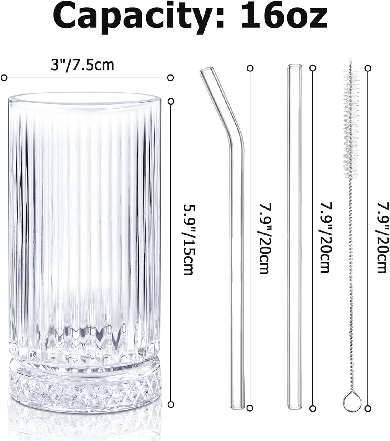 YICTION Juego de 6 vasos de cristal acanalados vintage de 16 onzas con pajitas, vasos de vidrio transparente para café helado, cóctel, whisky,