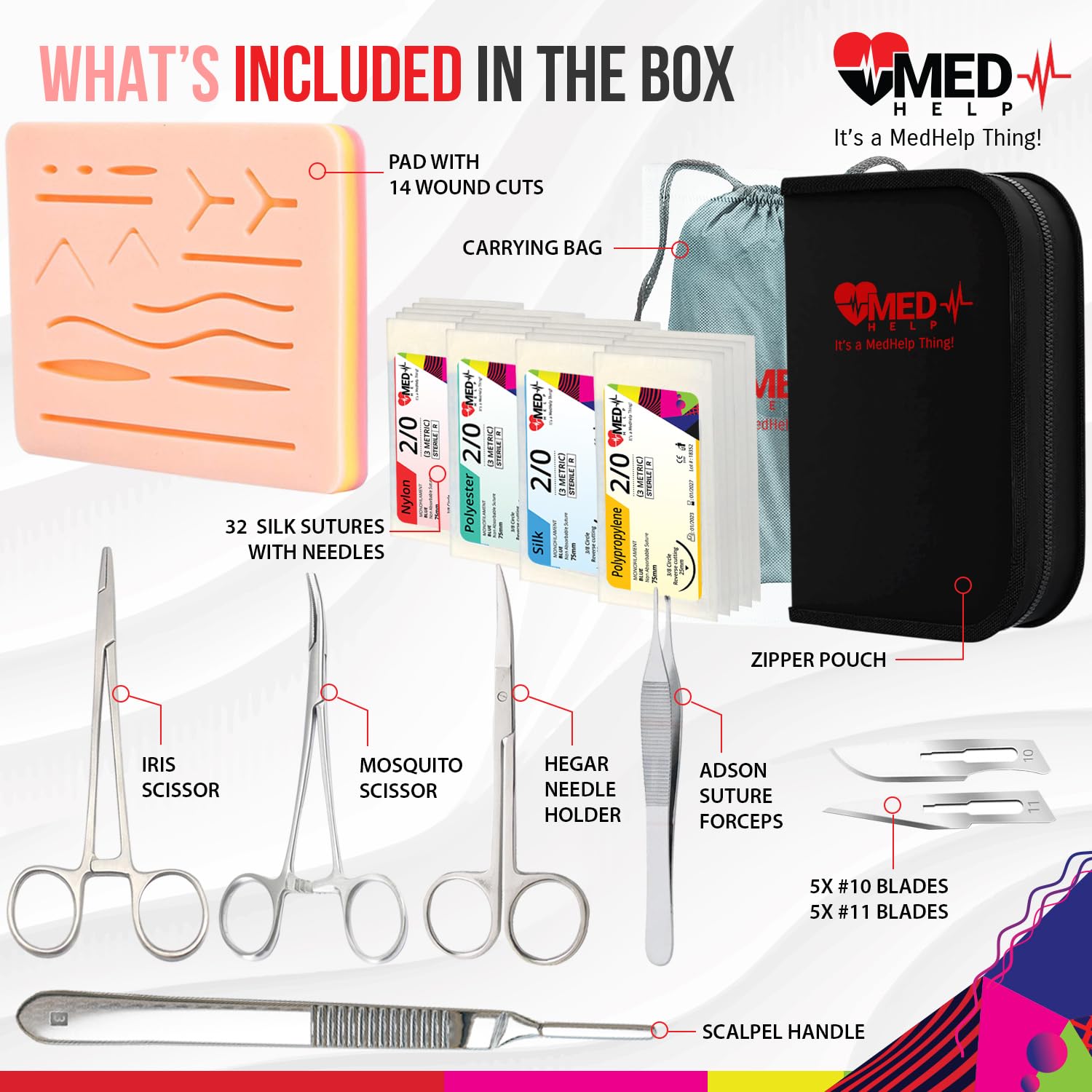 MedHelp Kit de sutura de 50 piezas para estudiantes de medicina de práctica – Kit completo de práctica de sutura para entrenamiento quirúrgico