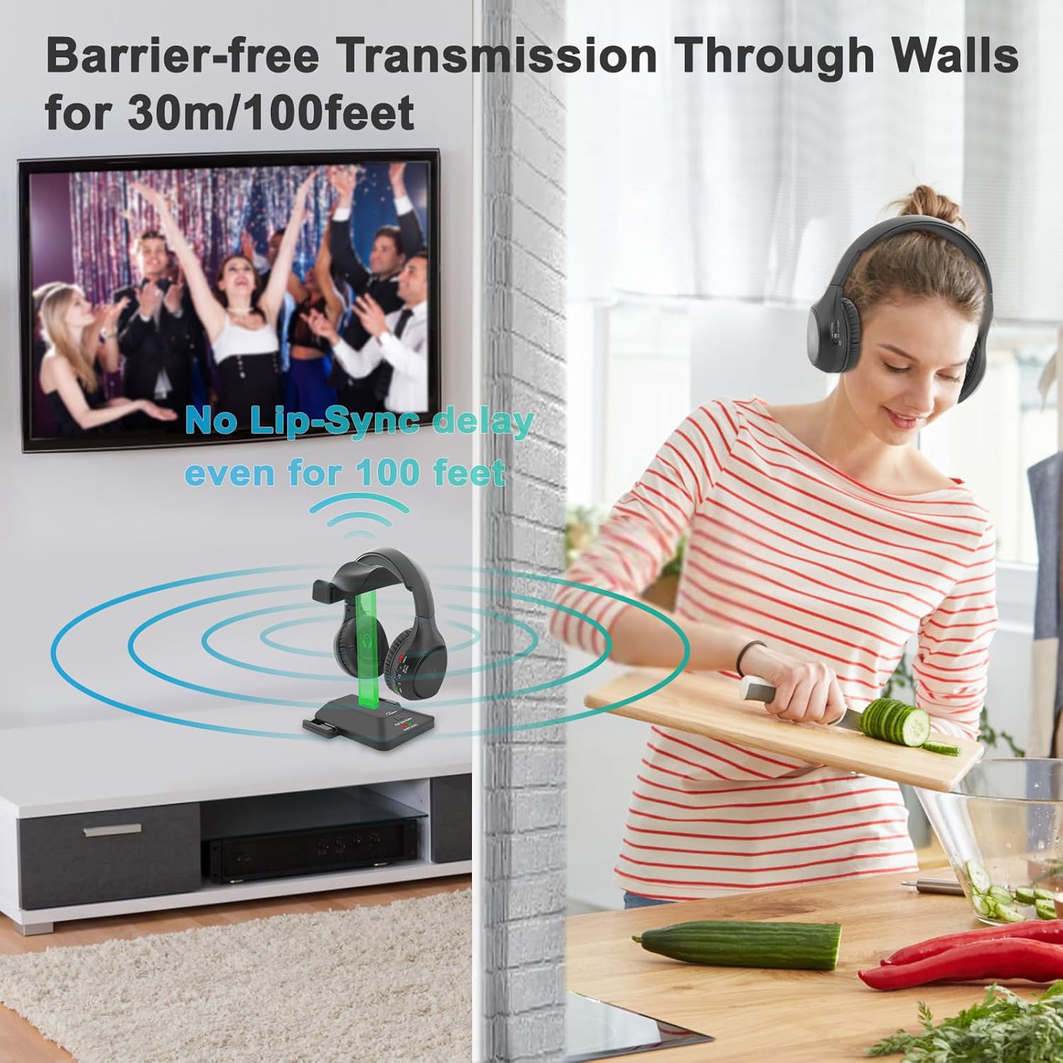 WallarGe Auriculares inalámbricos duales para ver televisión con base de carga de transmisor RF de 5.8 GHz, auriculares inalámbricos para 25 horas