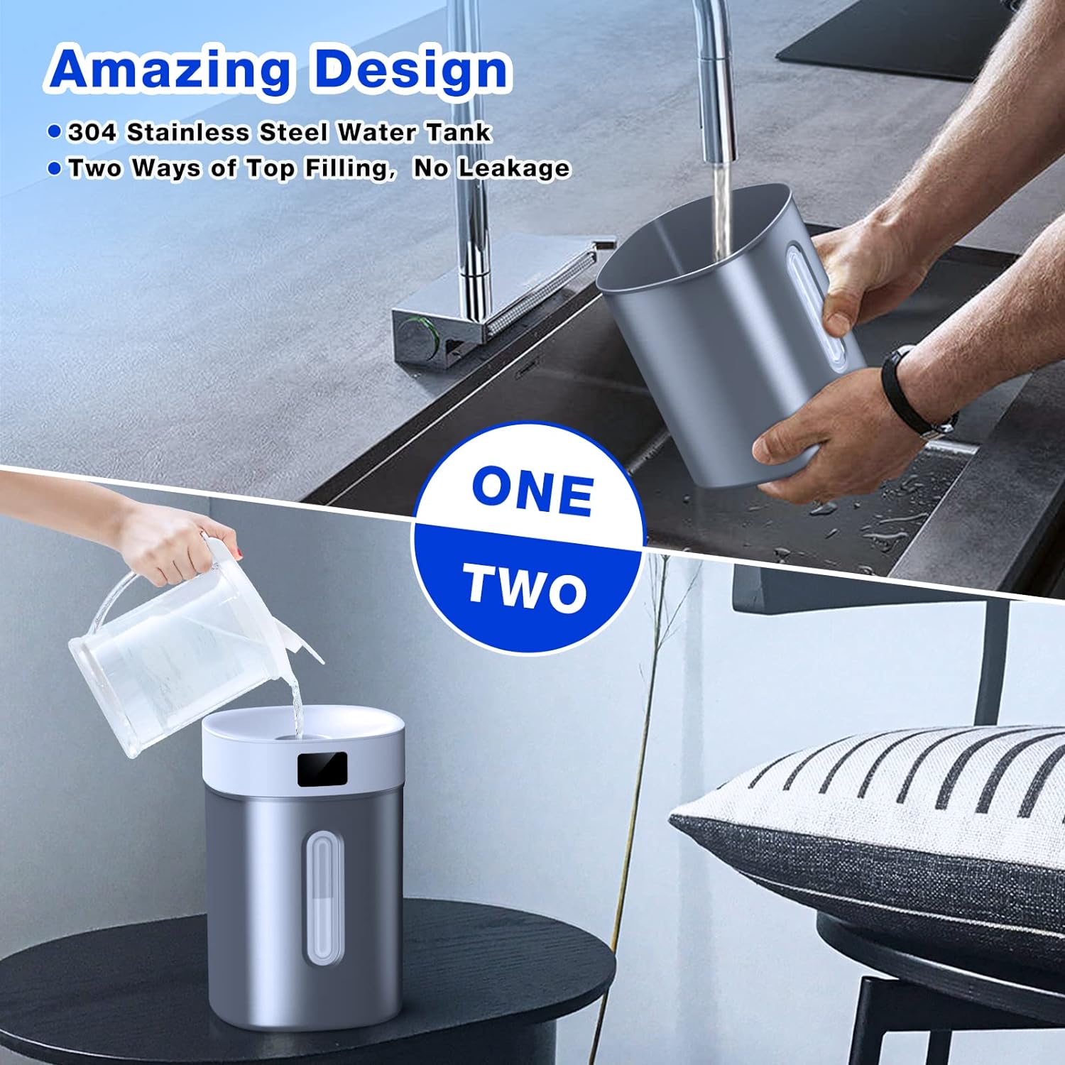 Humidificador ultrasónico de niebla fría de 4 litros con tanque de acero inoxidable 304, control automático de humedad, luz nocturna y temporizador,