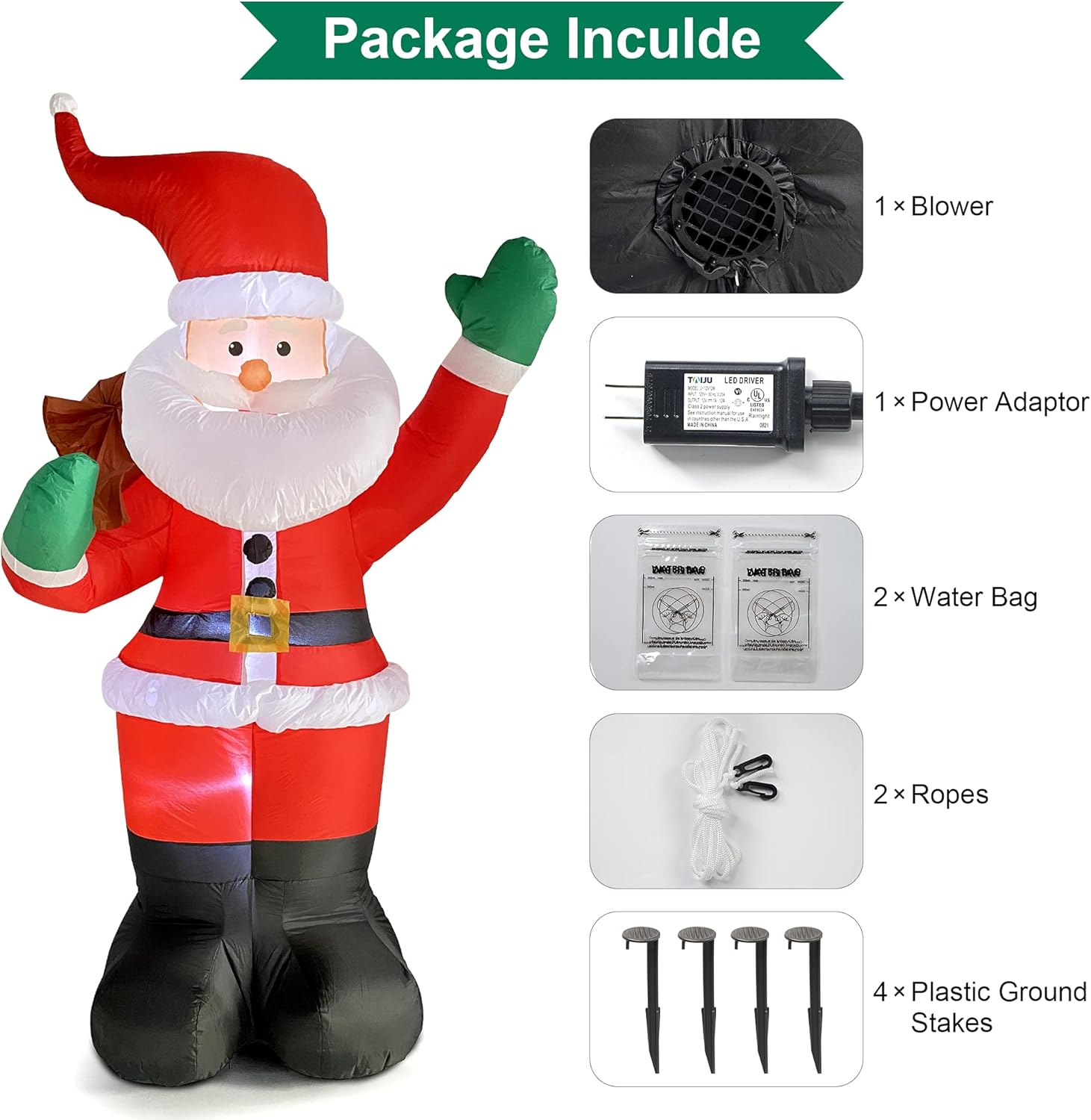 COOLWUFAN Papá Noel inflable de Navidad de 6 pies con bolsa de regalos, luces LED para decoración de patio al aire libre para vacaciones y fiestas