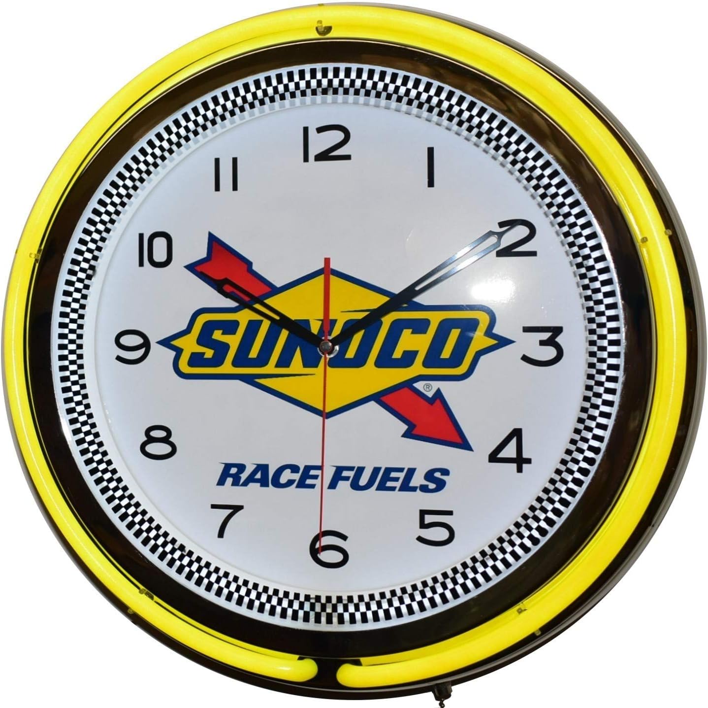 Sunoco Race Fuels – Reloj publicitario de neón doble amarillo de 18 pulgadas, para garaje, cueva, taller, decoración (plástico)