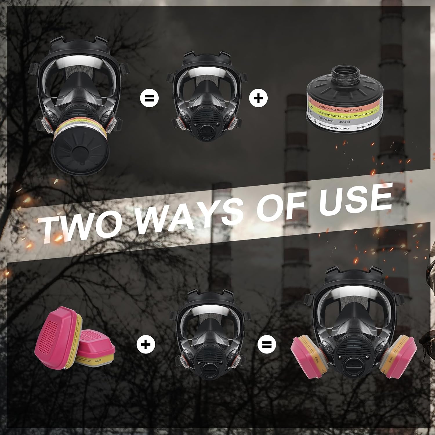 Máscara respiradora de vapor orgánico nuclear y químico de supervivencia con filtros Filtración avanzada de 1.575 in, cartucho 60926 para partículas