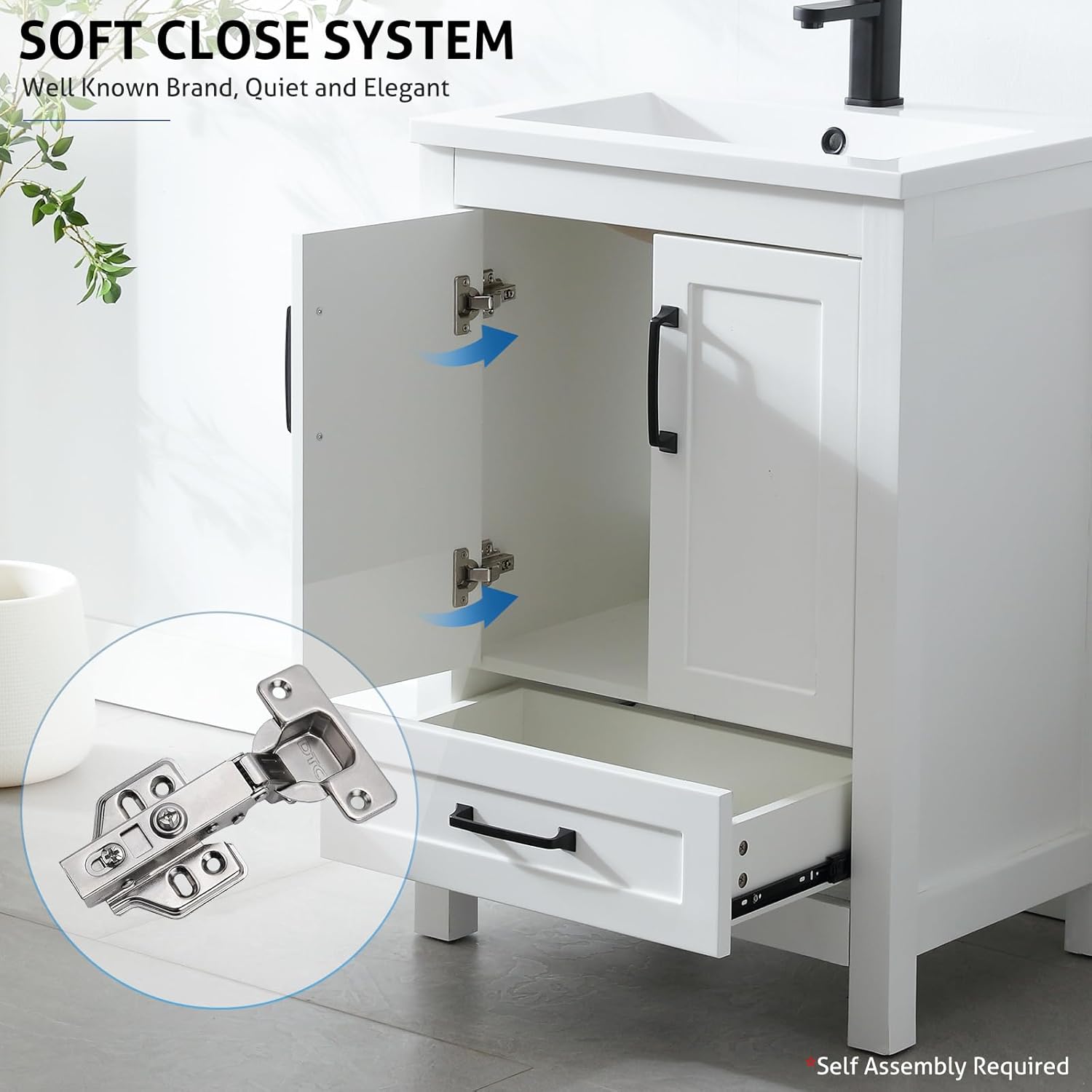 eclife Juego combinado de tocadores de baño de 24 pulgadas con lavabo, fregadero de cerámica empotrado con madera gruesa, grifo negro mate,
