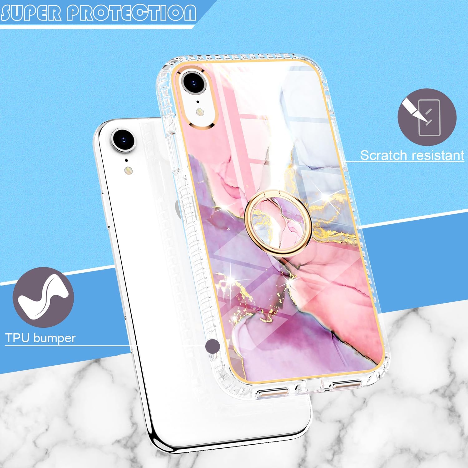 Asuwish Funda de teléfono para iPhone XR 6.1 con protector de pantalla y soporte de anillo de mármol, a prueba de golpes, TPU silicona, resistente