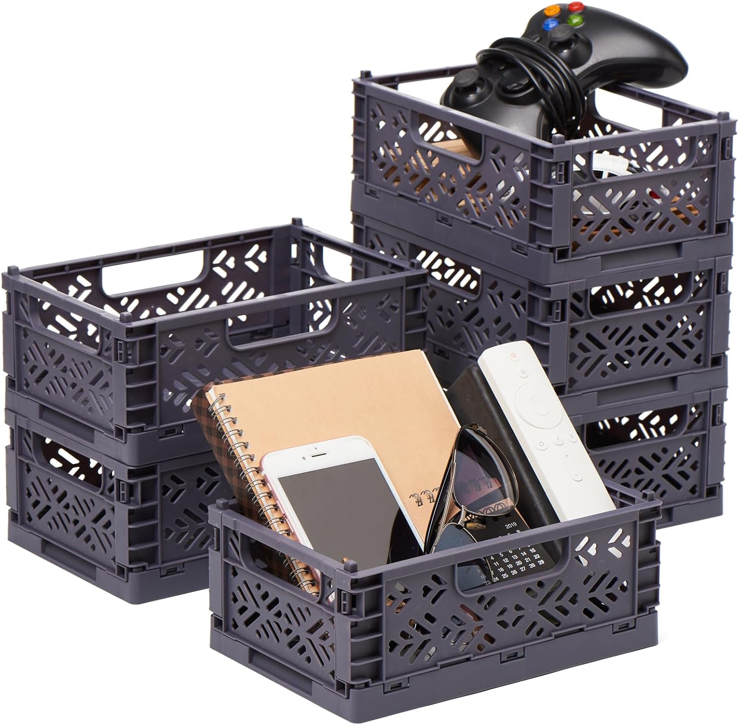 EZOWare Cajas de almacenamiento de plástico plegables medianas, juego de 6 contenedores organizadores apilables, contenedores plegables para el
