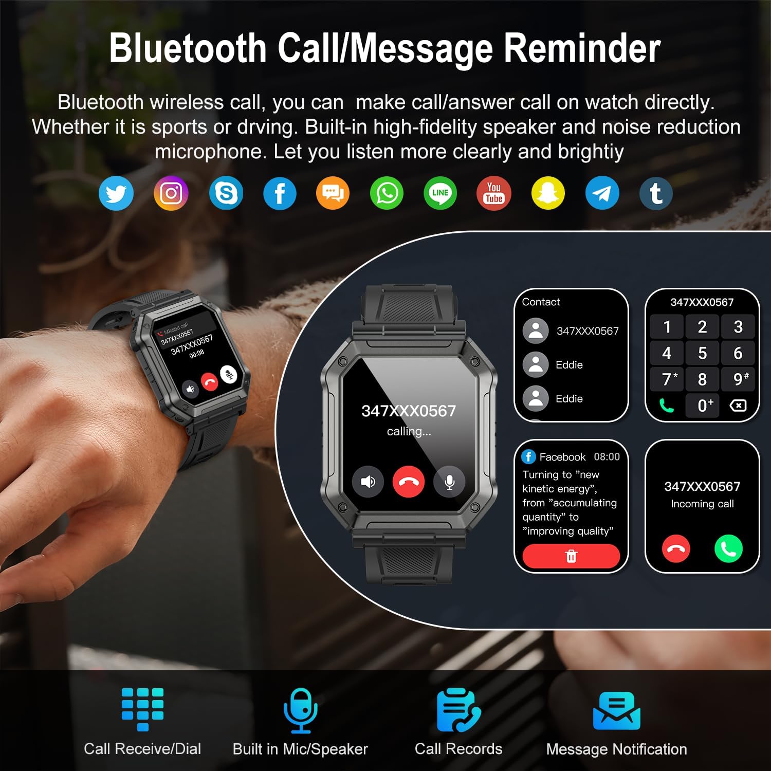 Reloj inteligente para hombre, rastreador de ejercicios (llamadarespuesta de llamadas) Bluetooth Militar Smartwatch para teléfonos Android, iPhone,