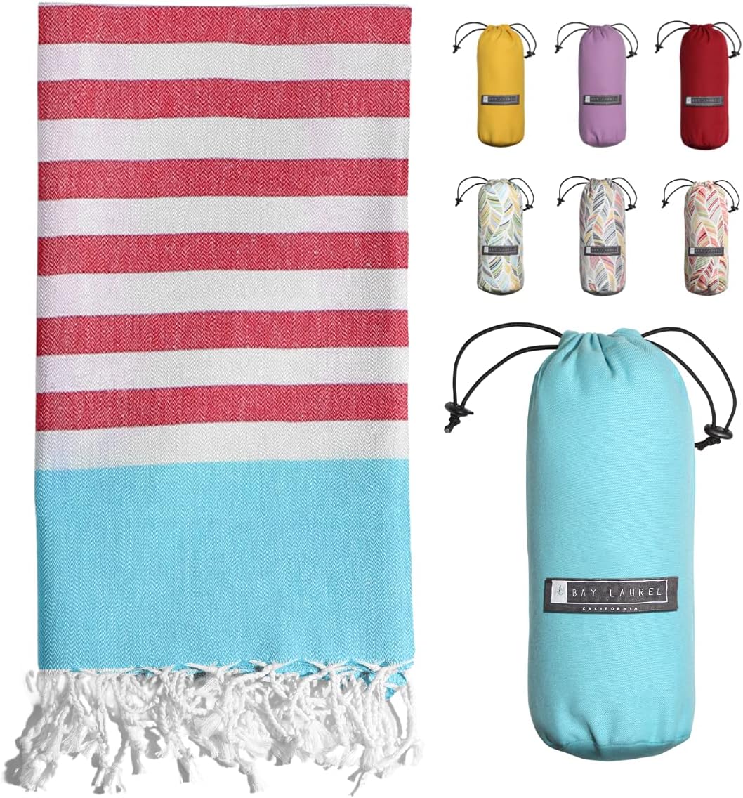BAY LAUREL Toalla de playa turca con bolsa de viaje, 39 x 71 pulgadas, secado rápido, sin arena, ligera, grande, toalla de playa turca, toalla de