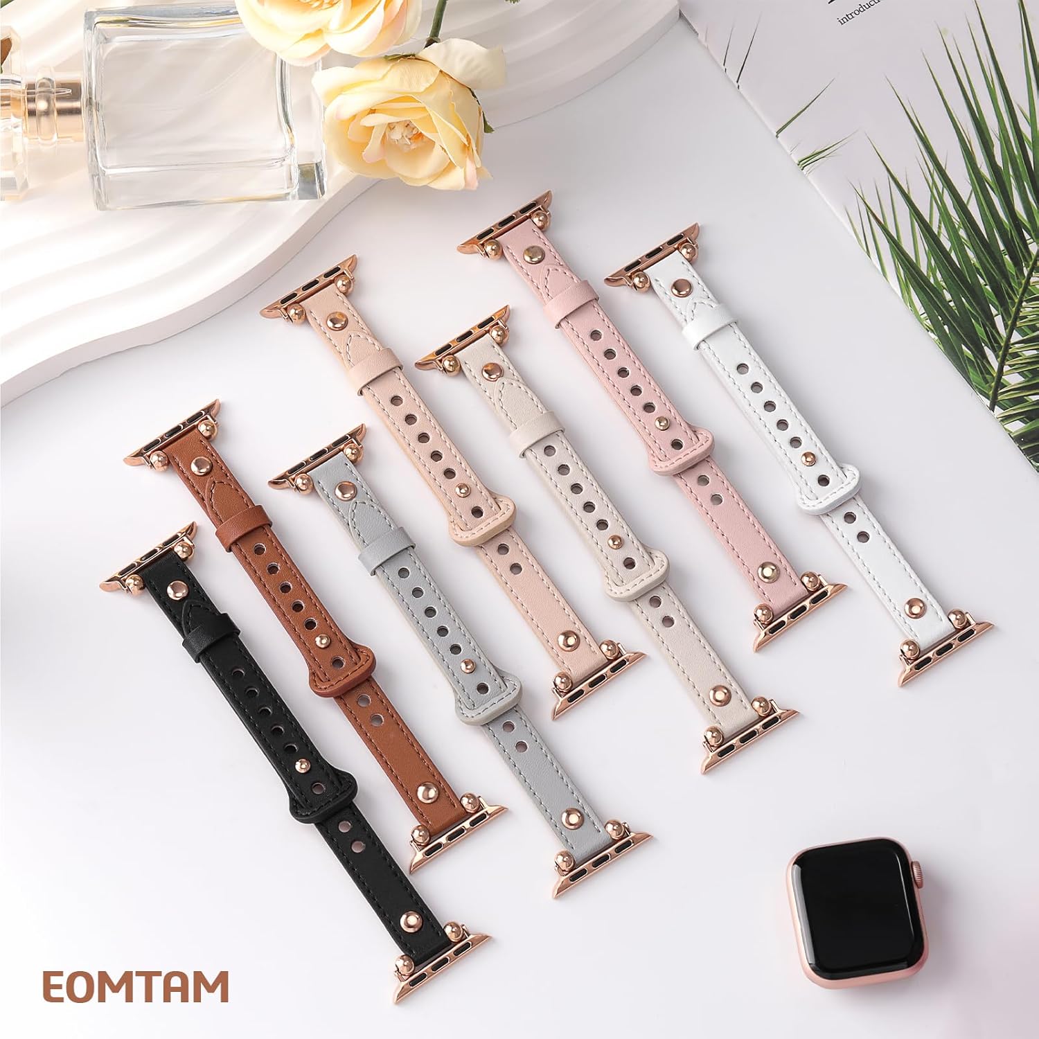 EOMTAM Correas delgadas de cuero doradas para mujer compatibles con Apple Watch Band de 1.614 in, 1.575 in, 1.496 in, 1.929 in, 1.772 in, 1.732 in,
