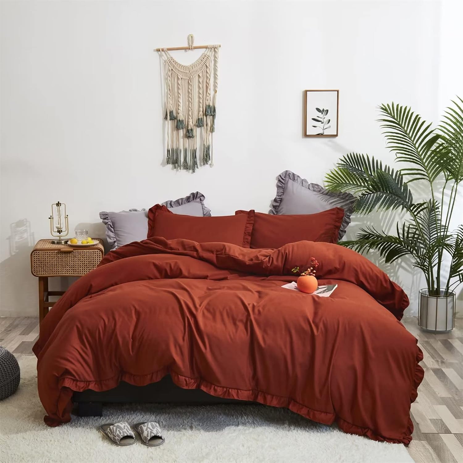 Houseri Juego de edredón de color naranja quemado con volantes, tamaño King, ropa de cama bohemia de color óxido, color naranja caramelo, terracota