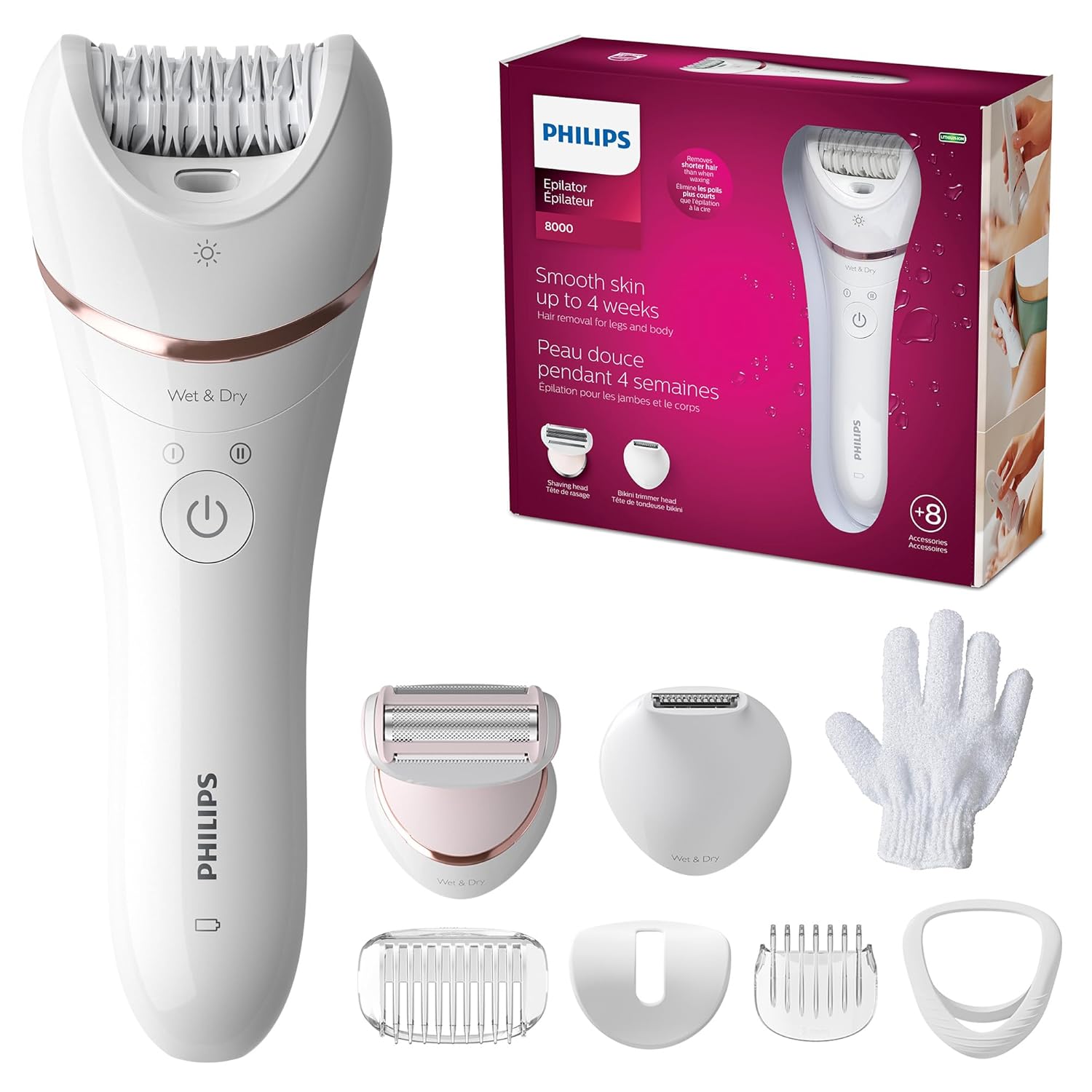 Philips Beauty Epilator Series 8000, Wet & Dry, afeitadora y recortadora 3 en 1 para mujer con 8 accesorios, BRE72014
