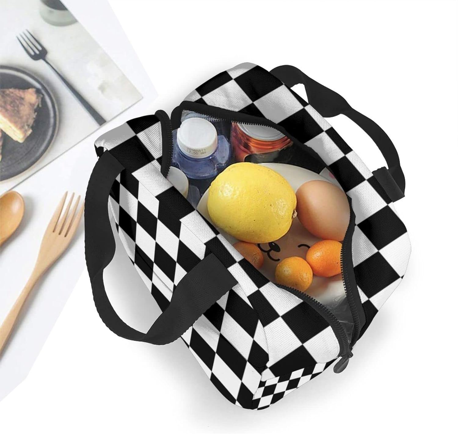 Bolsa de almuerzo aislada portátil con bandera a cuadros de raza blanca y negra, caja de almuerzo reutilizable para hombres, mujeres y niños