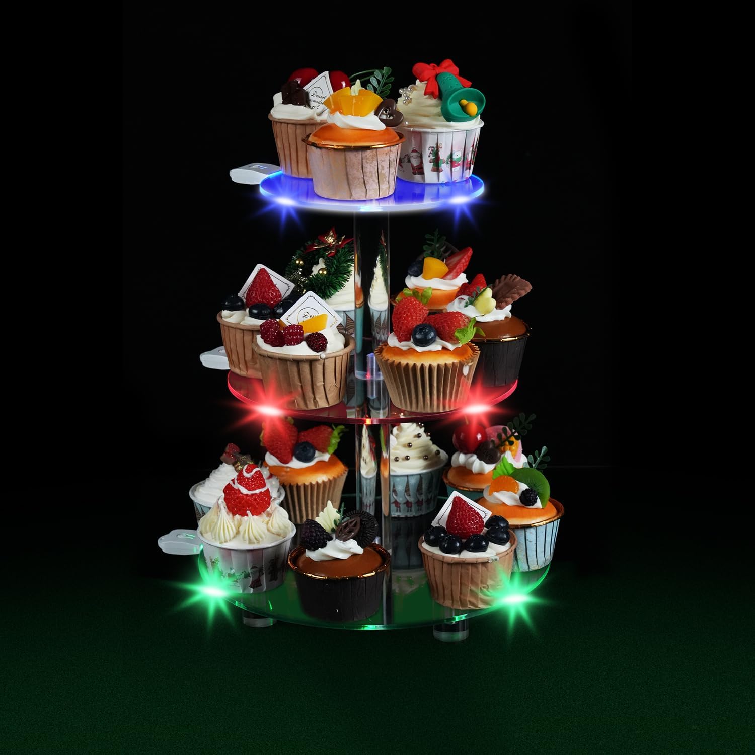 OceanWings Soporte acrílico de 3 niveles para cupcakes con luz LED, colorido soporte redondo para cupcakes, torre de postres para cumpleaños, bar,