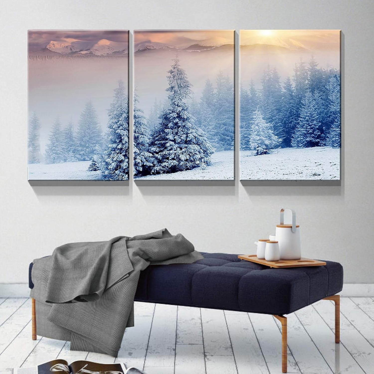 Denozer – Arte de pared en lienzo de 3 paneles para decoración de pared de sala de estar – Paisaje de invierno cubierto de nieve montañas árboles en