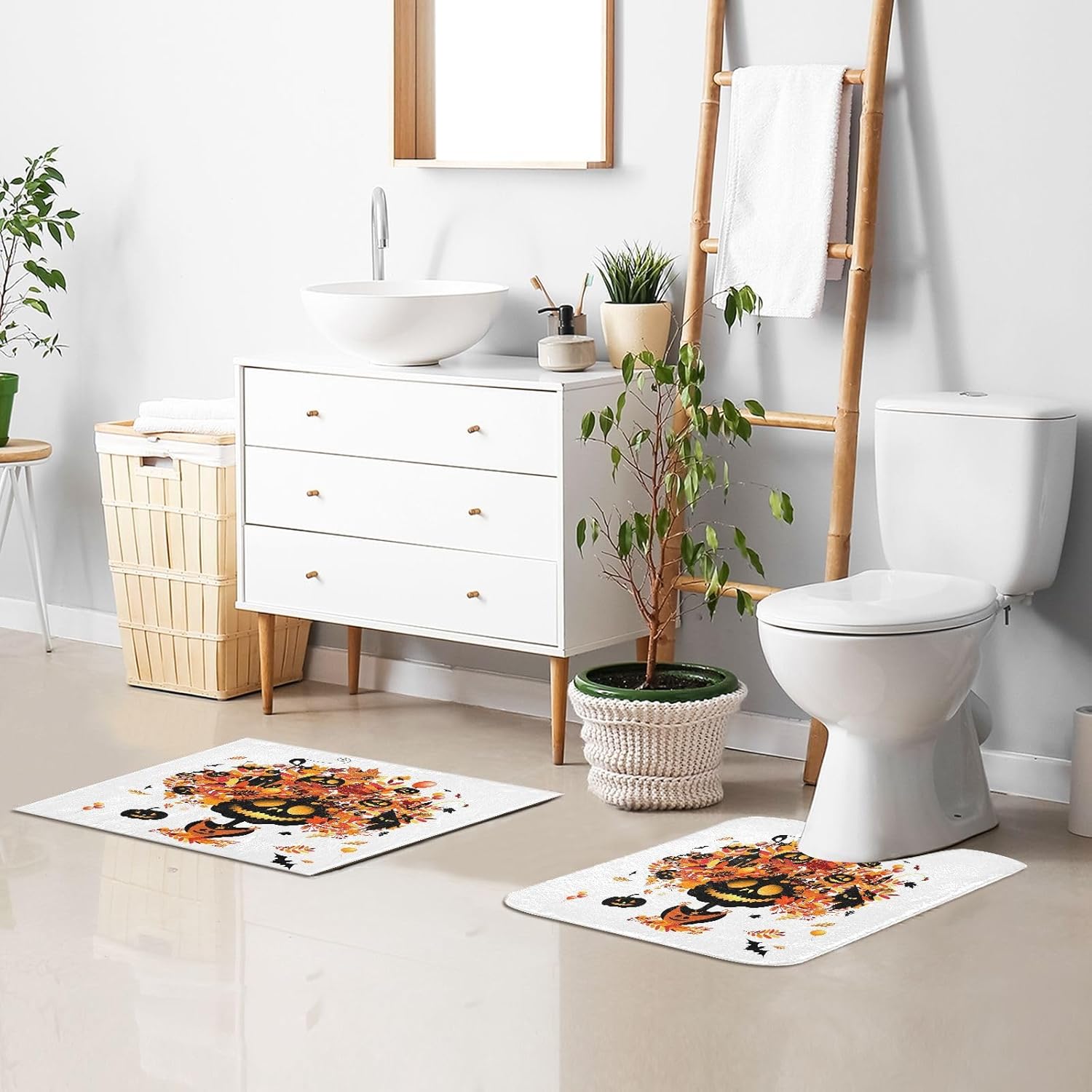Juego de 2 alfombras de baño de calabaza y fantasma, antideslizantes, absorbentes de agua, alfombra de baño de arce rojo, alfombra de baño lavable,