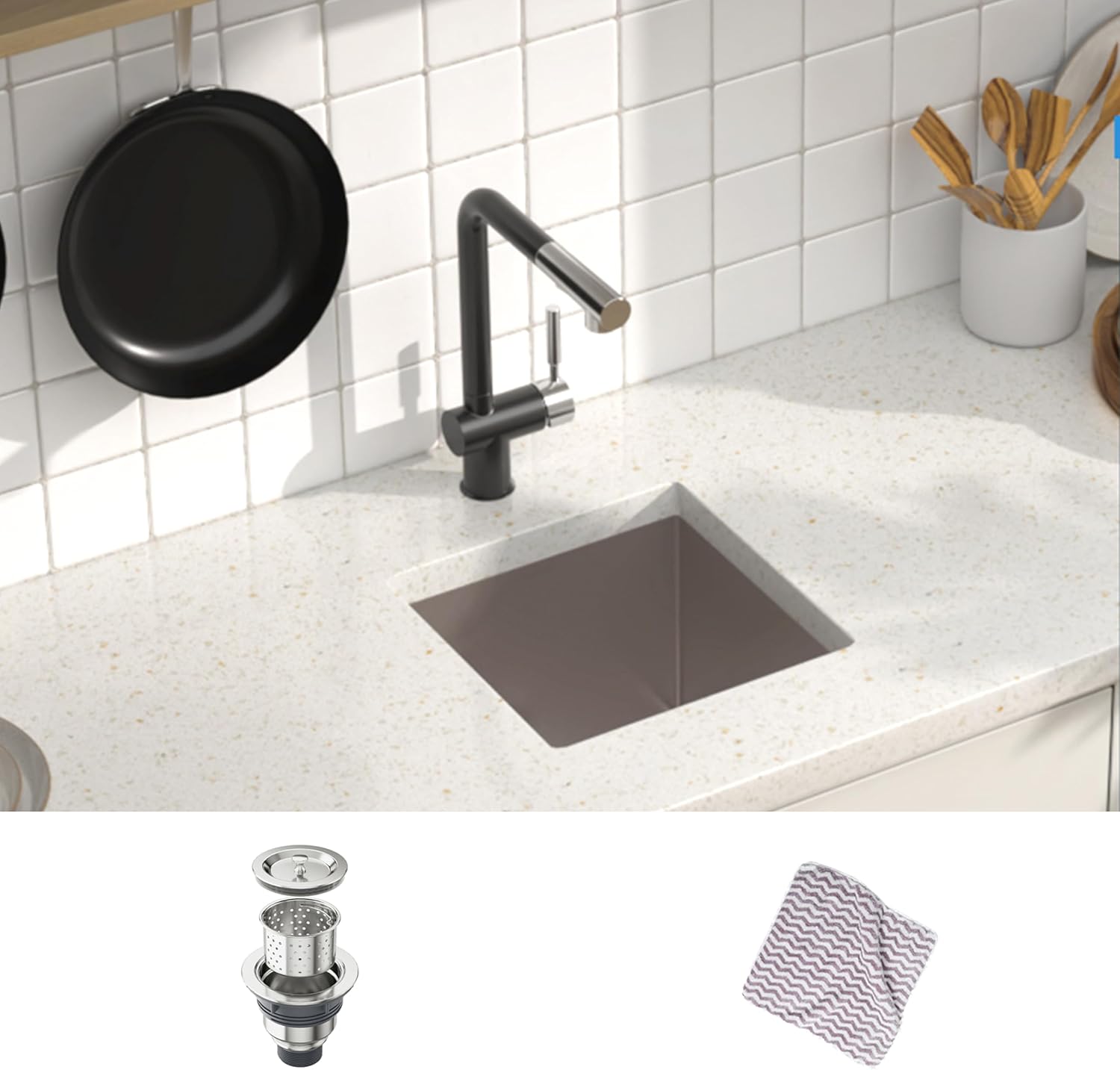 MENSARJOR Fregadero de bar, fregadero de cocina empotrado de 14 x 14 pulgadas, fregadero de acero inoxidable de calibre 16, hecho a mano para