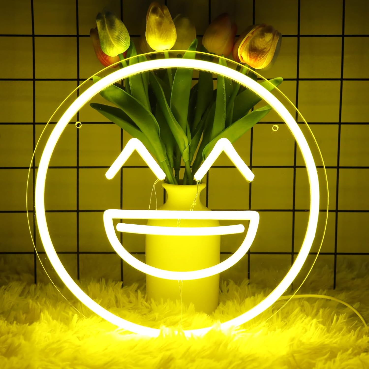 Letrero de neón con cara sonriente para decoración de pared, 5 V, alimentado por USB, con luz LED, luz de neón feliz con interruptor regulable para