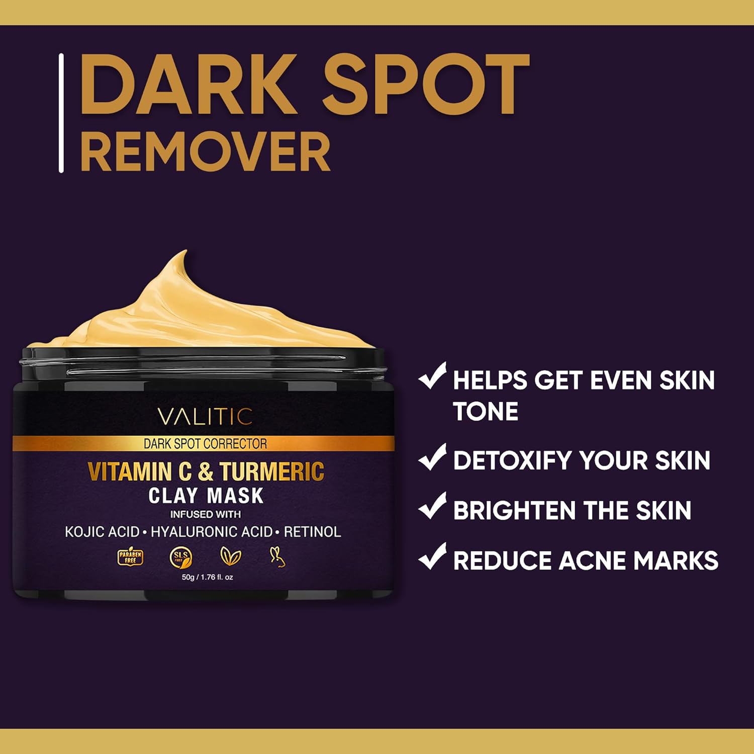 VALITIC Máscara de vitamina C y arcilla de cúrcuma, corrector de manchas oscuras con ácido kójico, ácido hialurónico y retinol, rutina de cuidado de