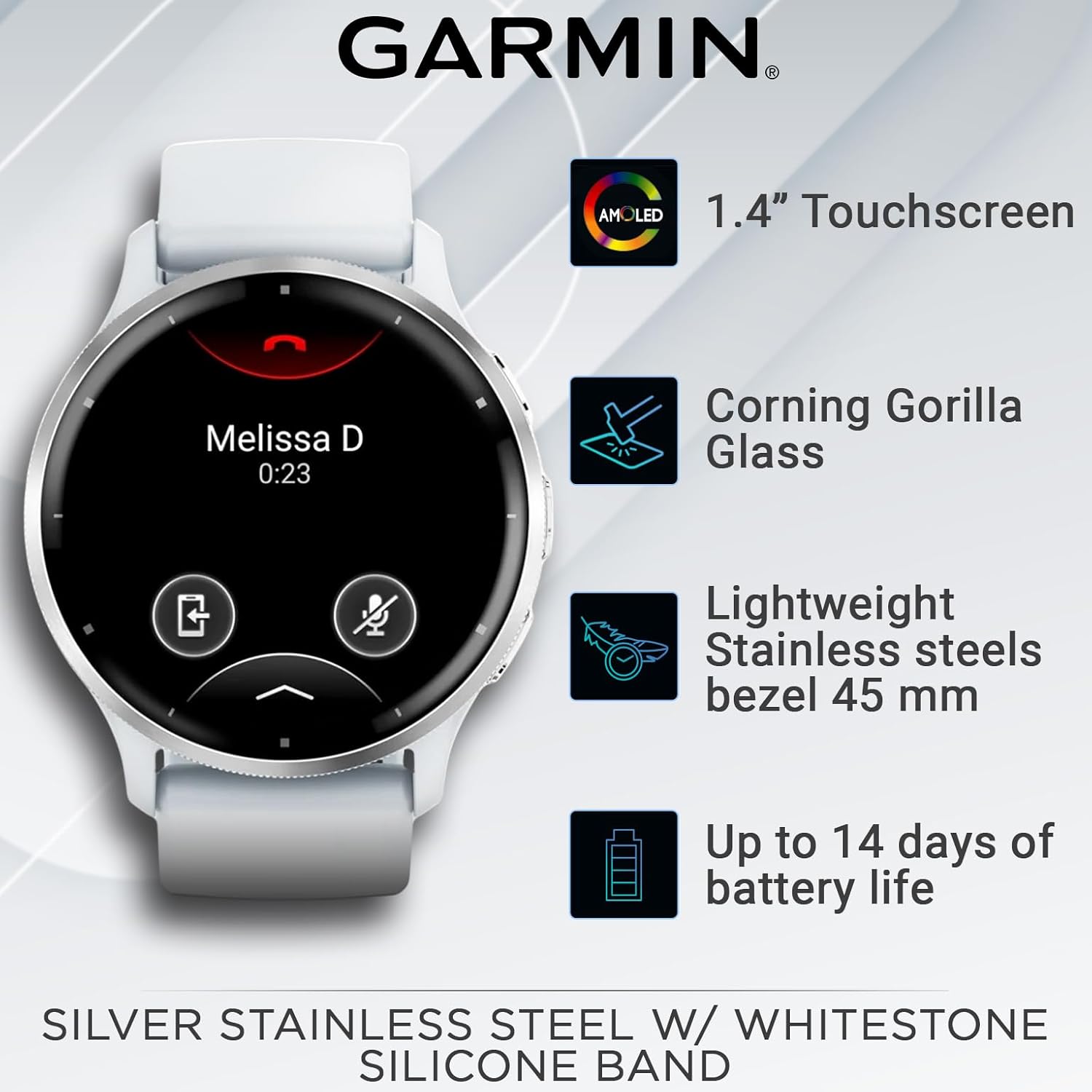 Wearable4U Garmin Venu 3 Reloj inteligente plateado de acero inoxidable de 1.772 in  AMOLED de 1.4 pulgadas de duración de la batería de hasta 14