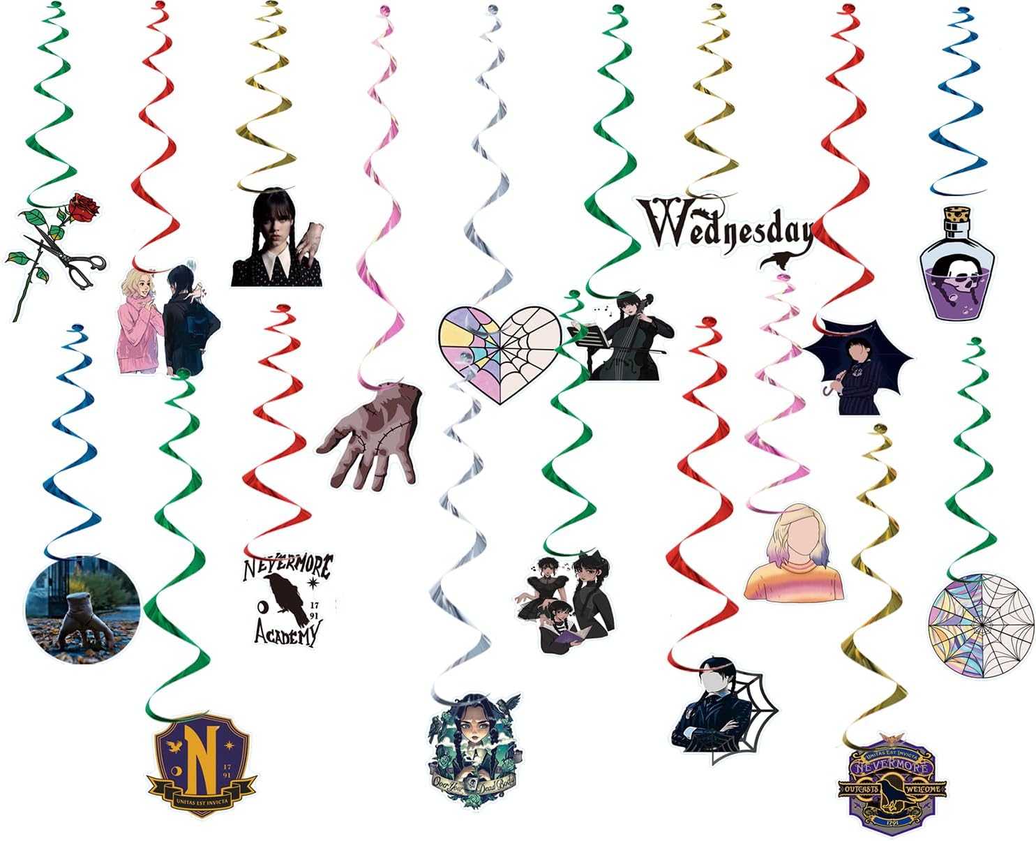 Wednesday Adams – Decoraciones de cumpleaños, 36 piezas de remolinos colgantes de Addams, serpentinas colgantes multicolor para el miércoles Adams