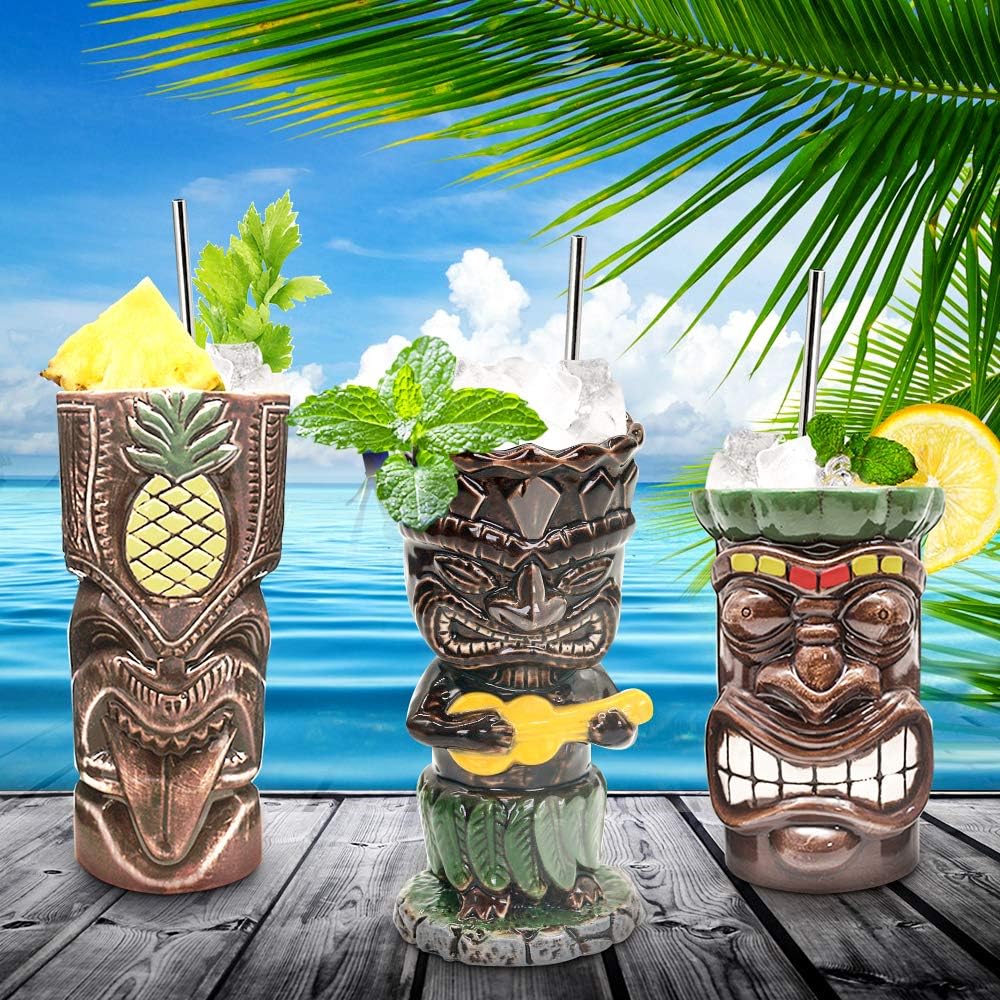 SuproBarware Tiki – Juego de 4 tazas de cerámica hawaiana para fiesta, tazas grandes para cócteles, tazas tropicales para fiestas exóticas, TJB02 (4