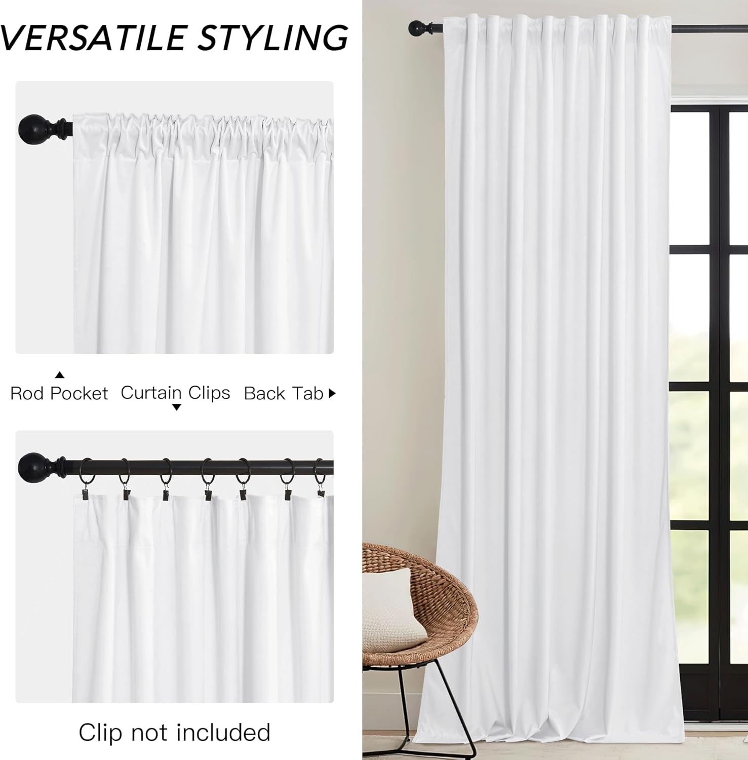 RYB HOME Cortinas de terciopelo blanco puro de 90 pulgadas para dormitorio, cortinas verticales reductoras de luz de lujo, decoración simple del