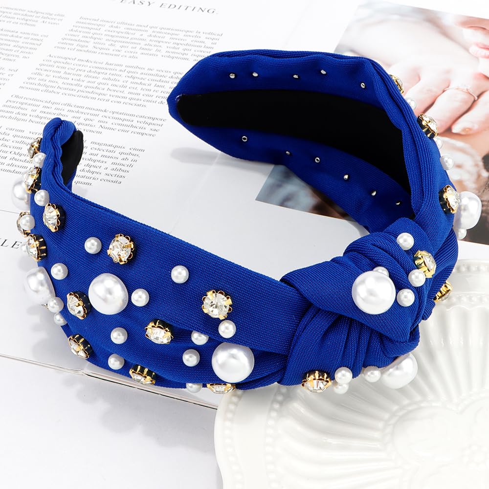 Atoden Diademas anudadas con diamantes de imitación de perlas azul real para mujer, diademas anchas con nudo superior con cuentas, bandas de cabeza