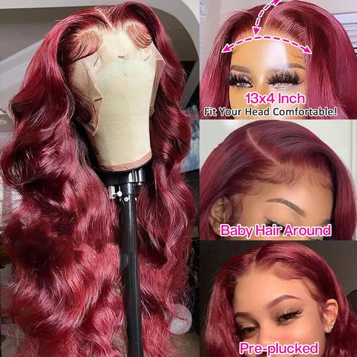 Aaliweya Pelucas de cabello humano con encaje frontal color borgoña 99j de 34 pulgadas, 13×4, sin pegamento, color rojo vino, pelucas con encaje