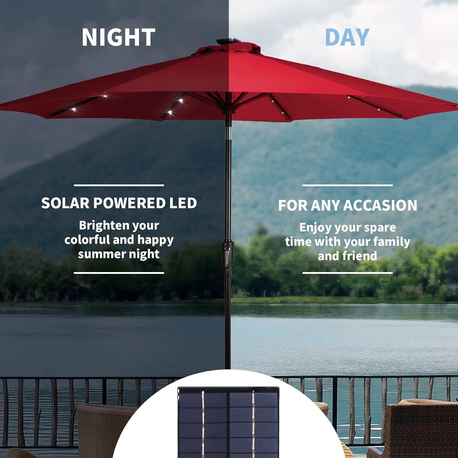 Sombrilla solar de 9 pies con 32 luces LED para patio con 8 varillas, inclinación y manivela, sombrilla de mesa de mercado para jardín, terraza,