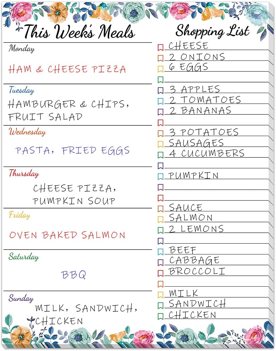 Planificador semanal de comidas, bloc de notas magnético floral para refrigerador, almohadilla de planificación de comidas con lista de comestibles