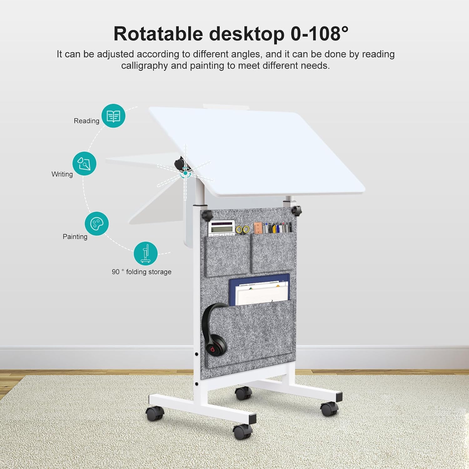 Escritorio de pie de altura ajustable, escritorio de vidrio templado para escribir con borrador, giro de 360, ruedas y bolsa, ideal para espacios