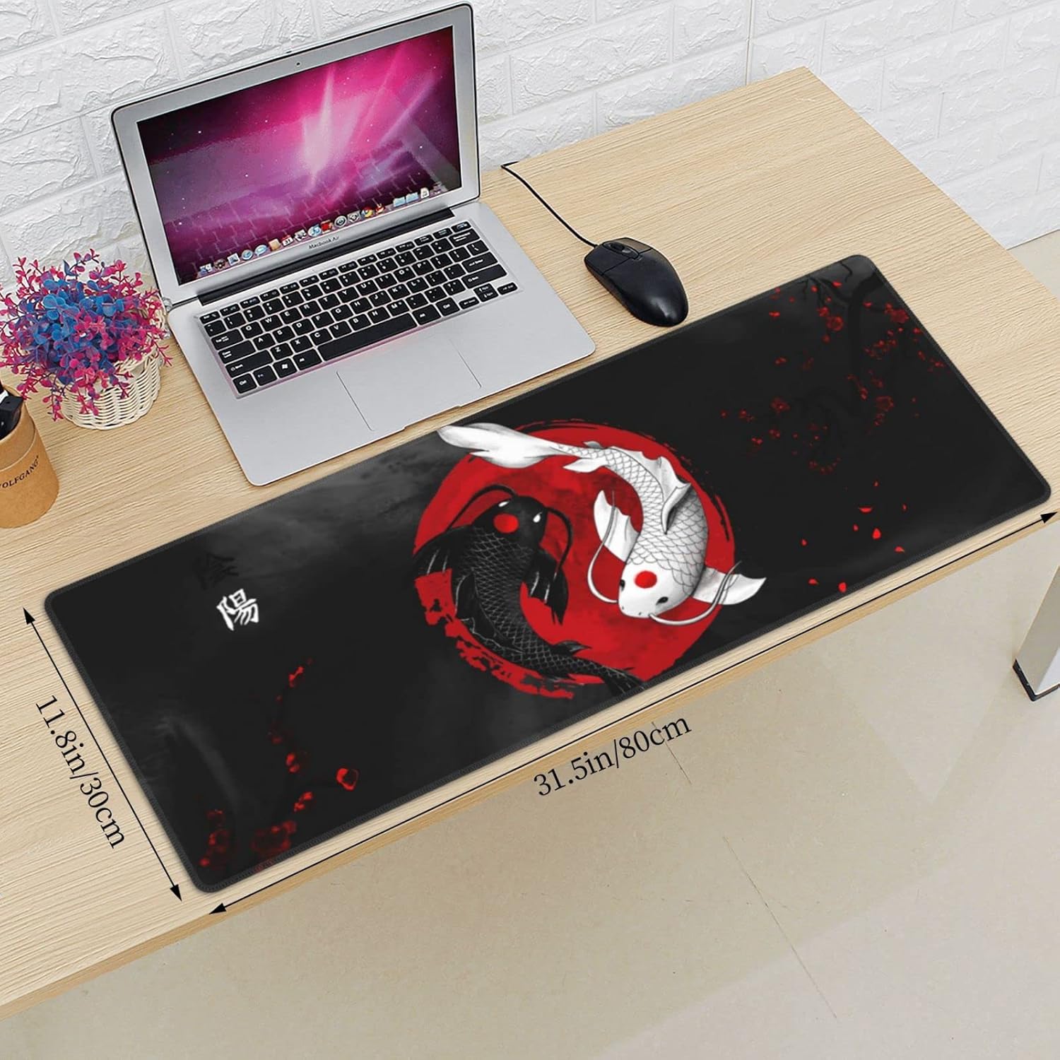Alfombrilla de mouse japonesa con diseño de pez de carpa Yin y Yang Koi, color negro y rojo, XL extendida, base de goma antideslizante, borde