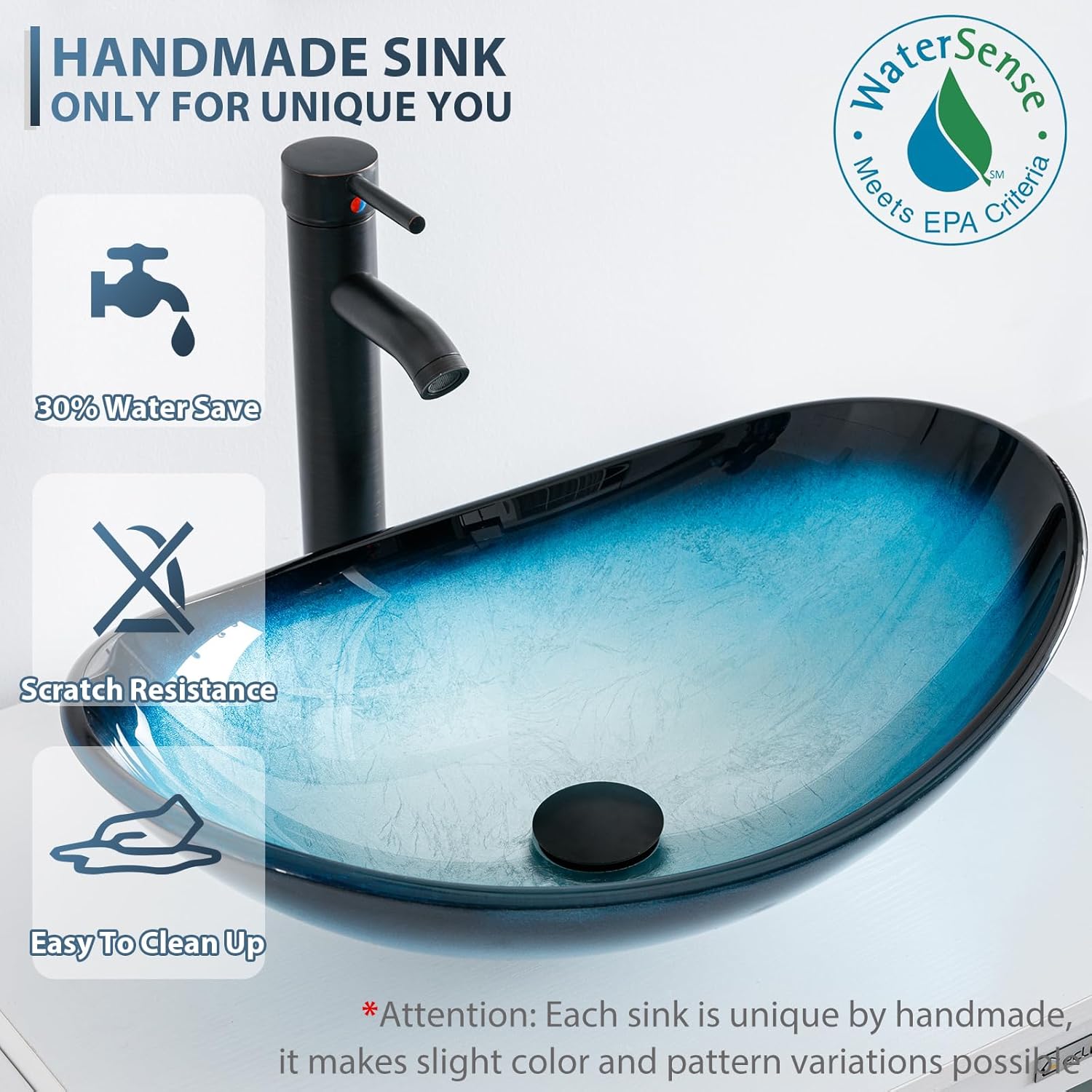 eclife 36-A29B B06 – Lavabo de baño de 36 pulgadas, color negro, con gabinete lateral, vidrio templado azul, grifo de ahorro de agua de 1.5 GPM y