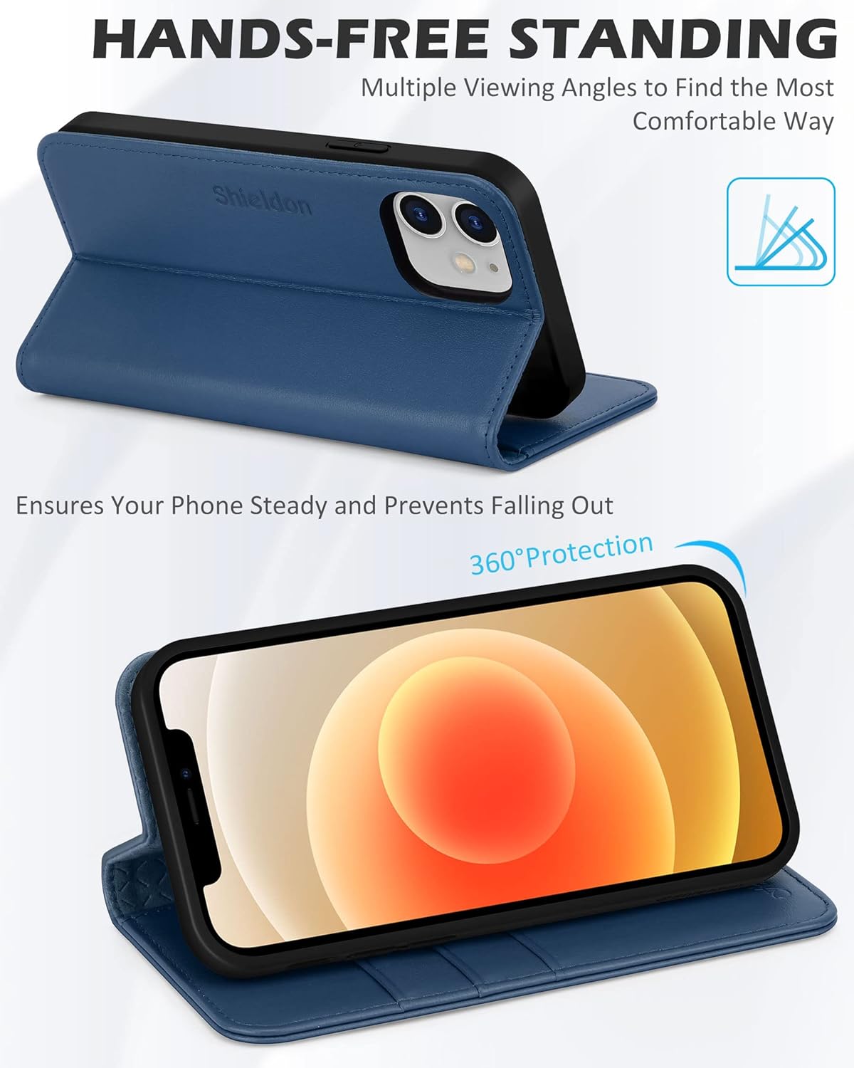 SHIELDON – Funda para iPhone 1212 Pro, cuero genuino, cubierta magnética, tarjetero con bloqueo RFID, kickstand, funda protectora a prueba de