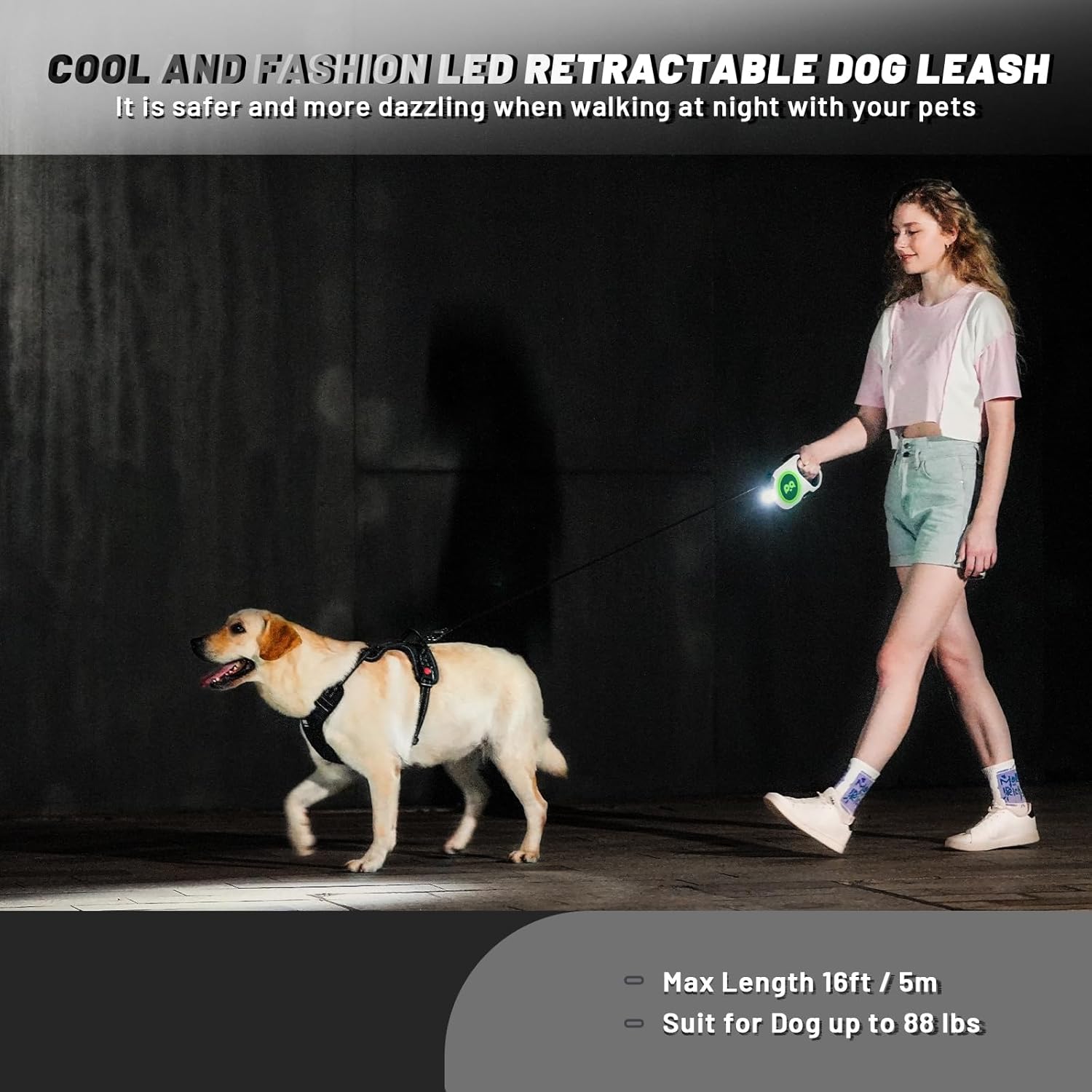 QQPETS Correa retráctil para perro con luz LED recargable, cinta de nailon resistente de 16 pies para paseos nocturnos de hasta 88 libras de
