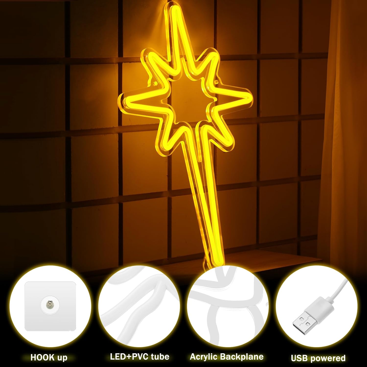 Letrero de neón de estrella iluminada, letrero de neón de estrella de Navidad, letreros de Navidad para decoración de habitación, letrero de neón