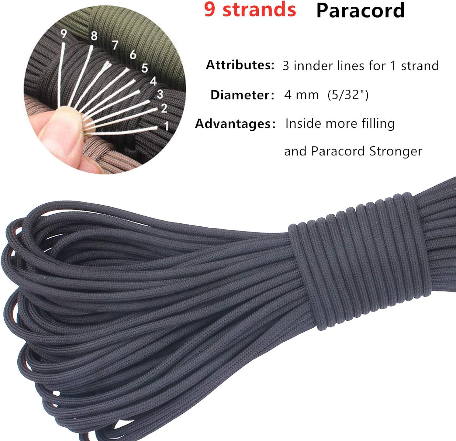 Paracord Cuerda de Paracaídas 550 de 9 Núcleos para Campamento, 100 pies, Morado